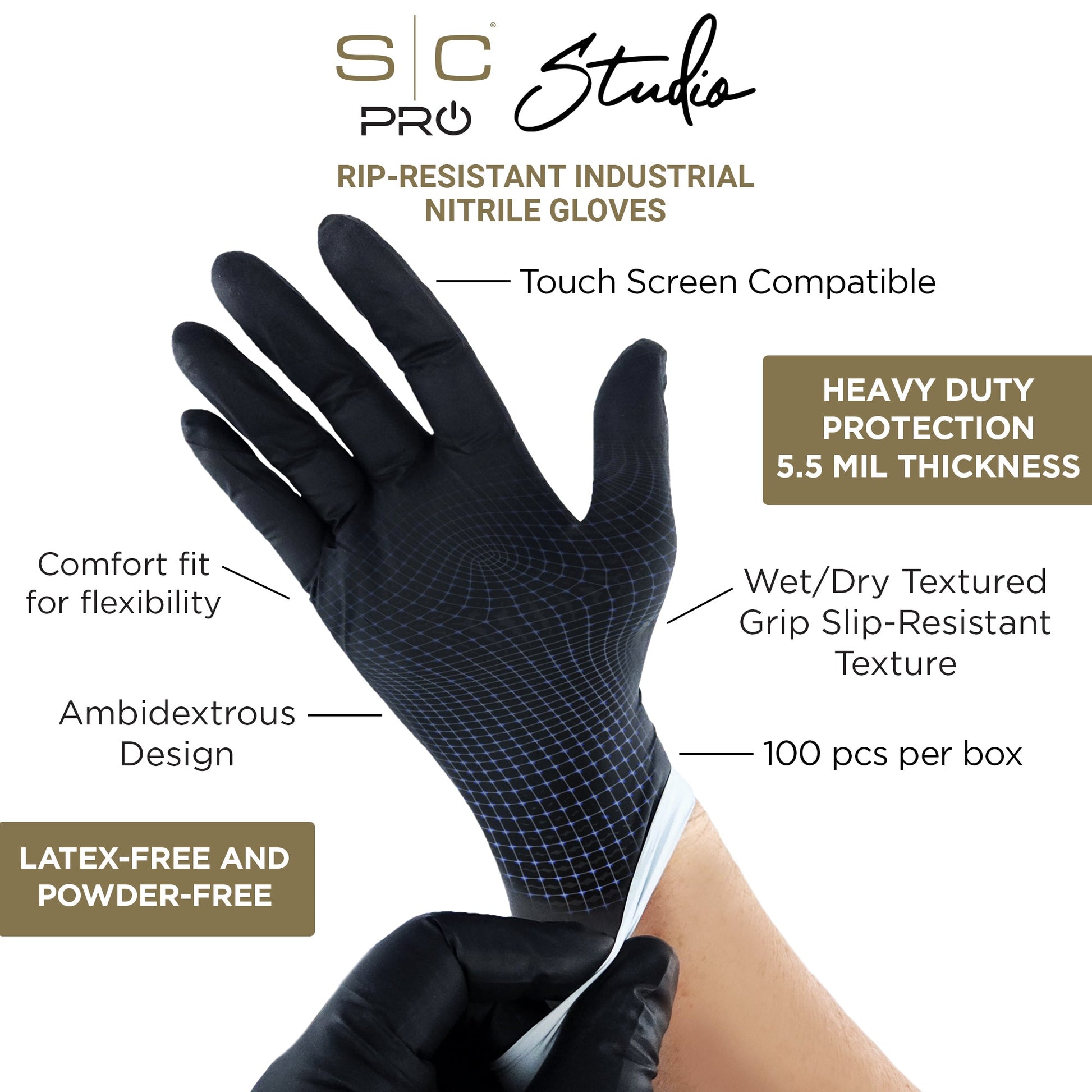 StyleCraft Studio – Professional Nitrile Latex Free Gloves with Textured Grip - 100 Count – L