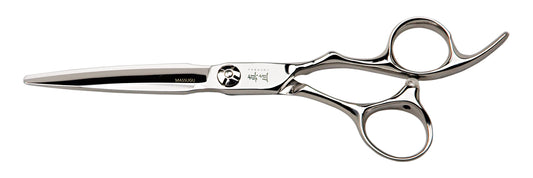 Tsuru Massugu 6.3" hairdressing shear — full side profile, offset handle, engraved Massugu kanji mark, plain white background
