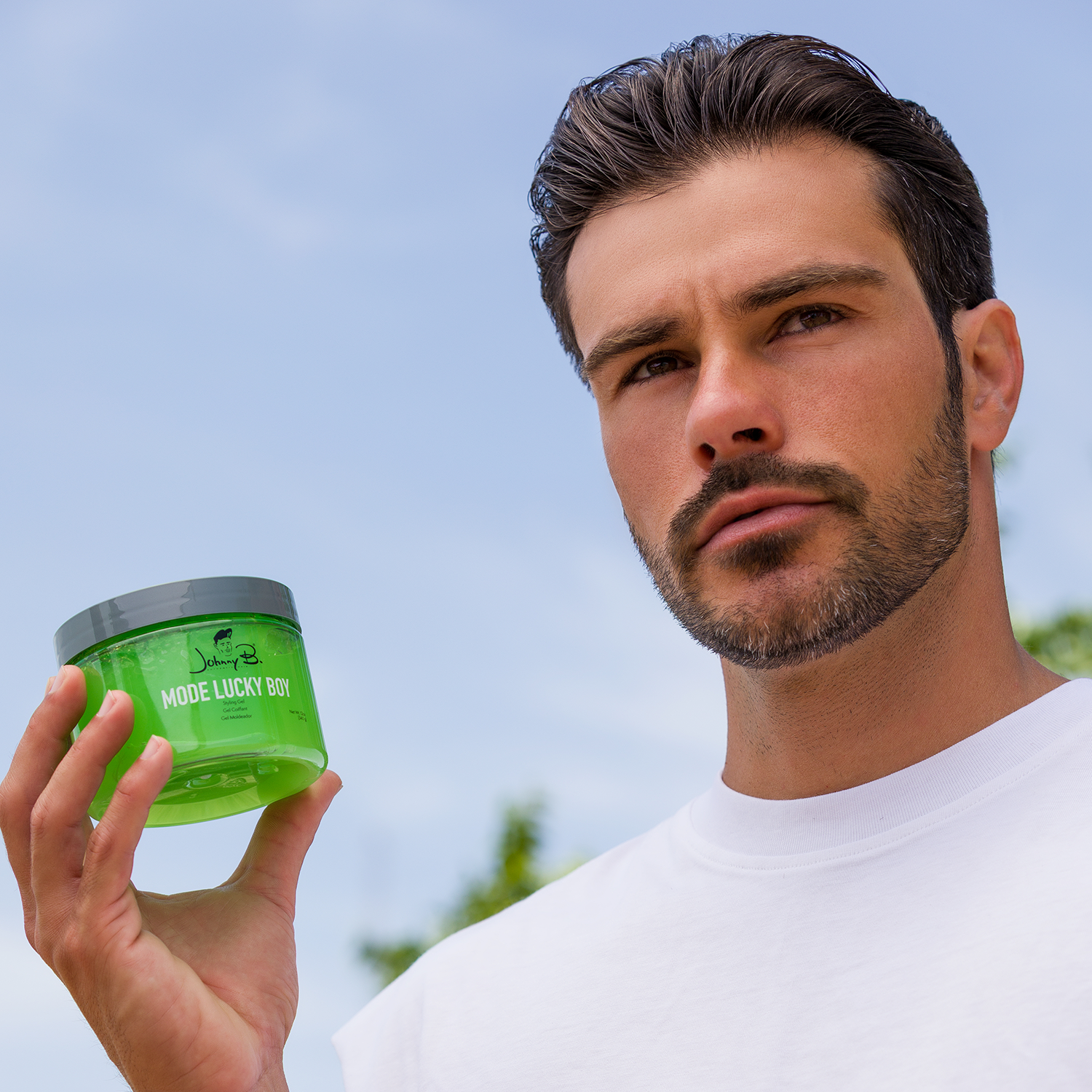 Johnny B Mode Lucky Boy Styling Gel — model lifestyle shot, current Johnny B livery