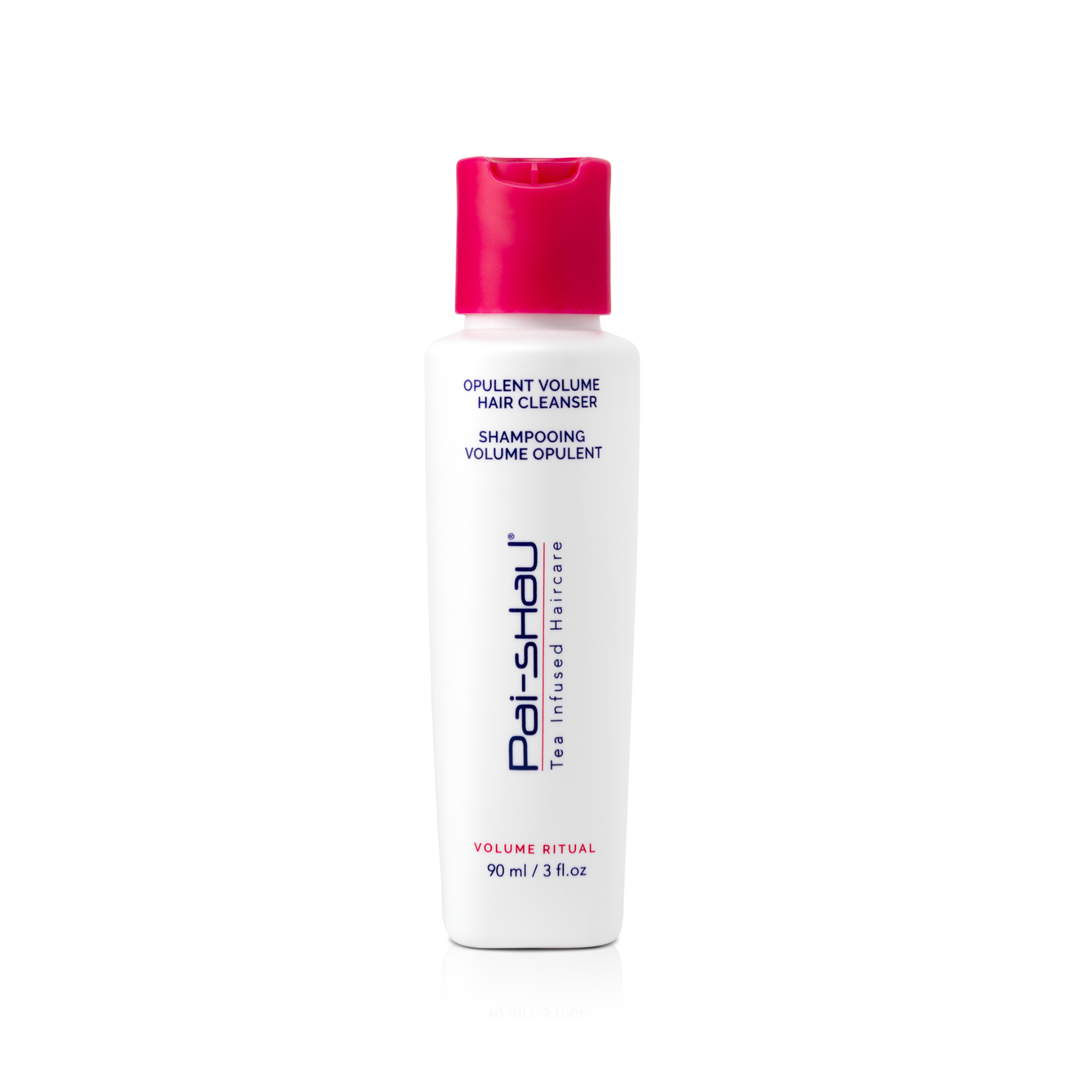 Pai-Shau Volumizing Shampoo — new-livery white 90 ml travel bottle with pink cap, front label, plain white background