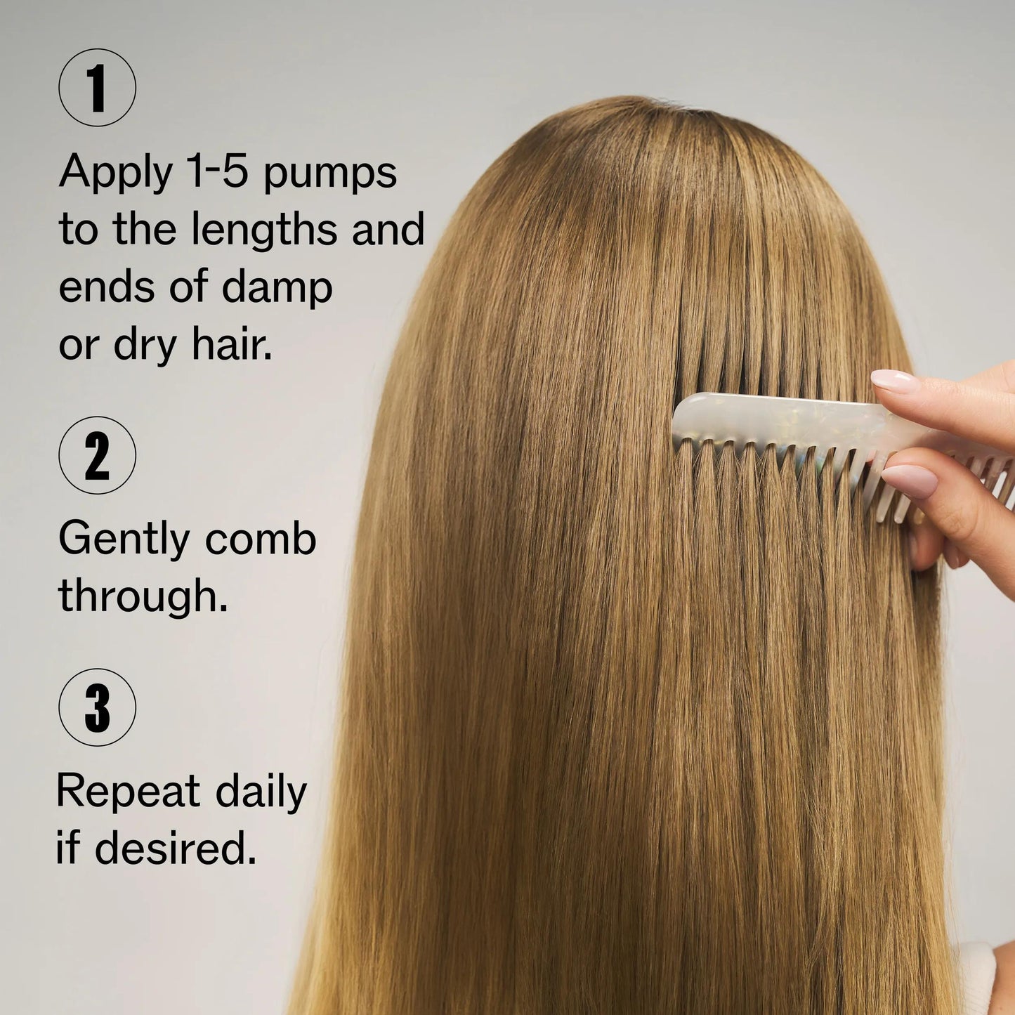 How to use Wella Ultimate Smooth Silky Milk — apply 1 to 5 pumps, comb through, repeat daily