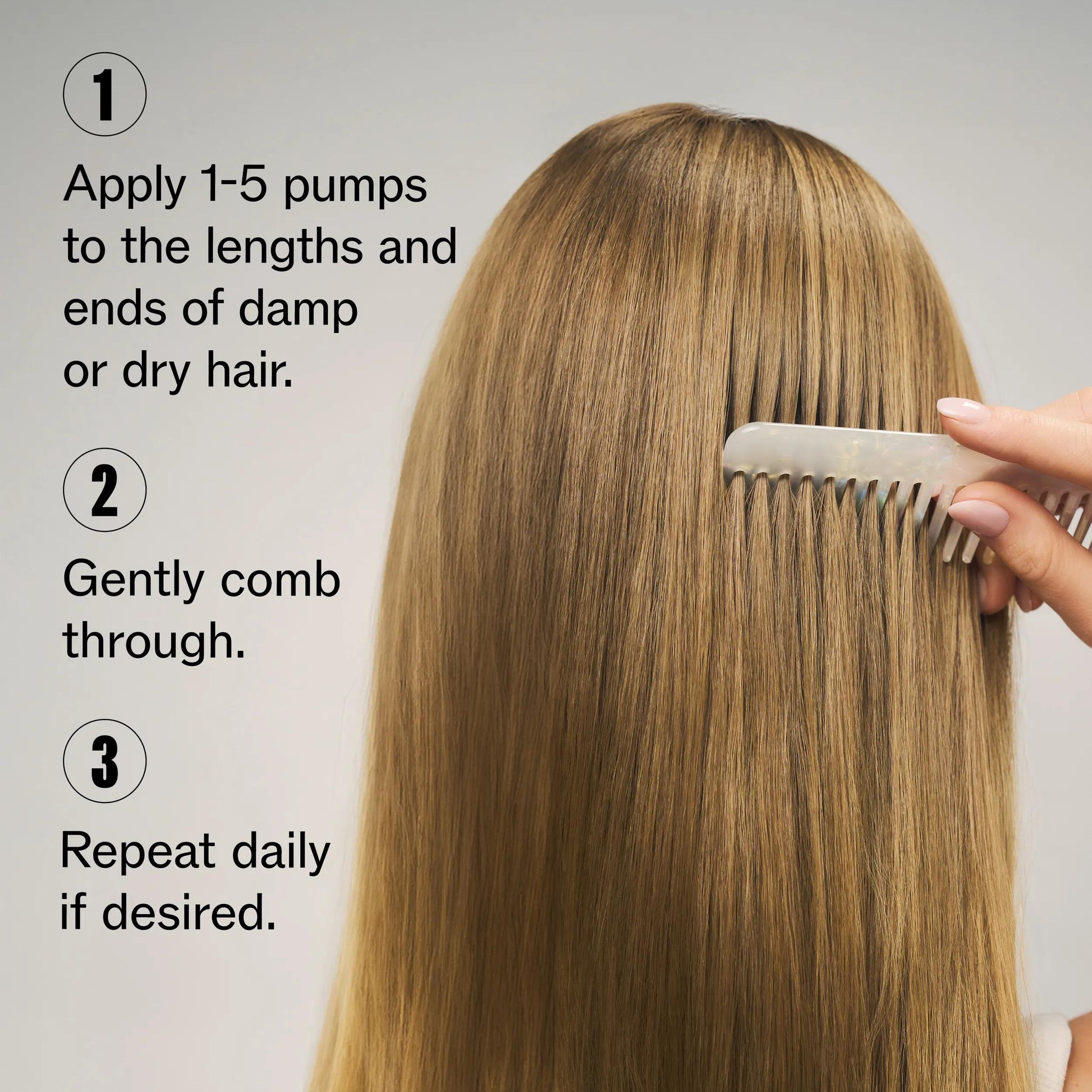 How to use Wella Ultimate Smooth Silky Milk — apply 1 to 5 pumps, comb through, repeat daily