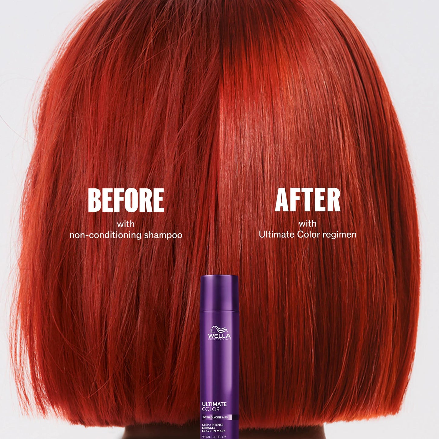 Wella Professionals Ultimate Color — Comparison image of a model with red, short hair before and after using Ultimate Color range. Text overlay on the left reads "Before with non-conditioning shampoo" and on the right reads "After with Ultimate Color regimen". Ultimate Color Miracle Leave-In bottle is placed in the middle.