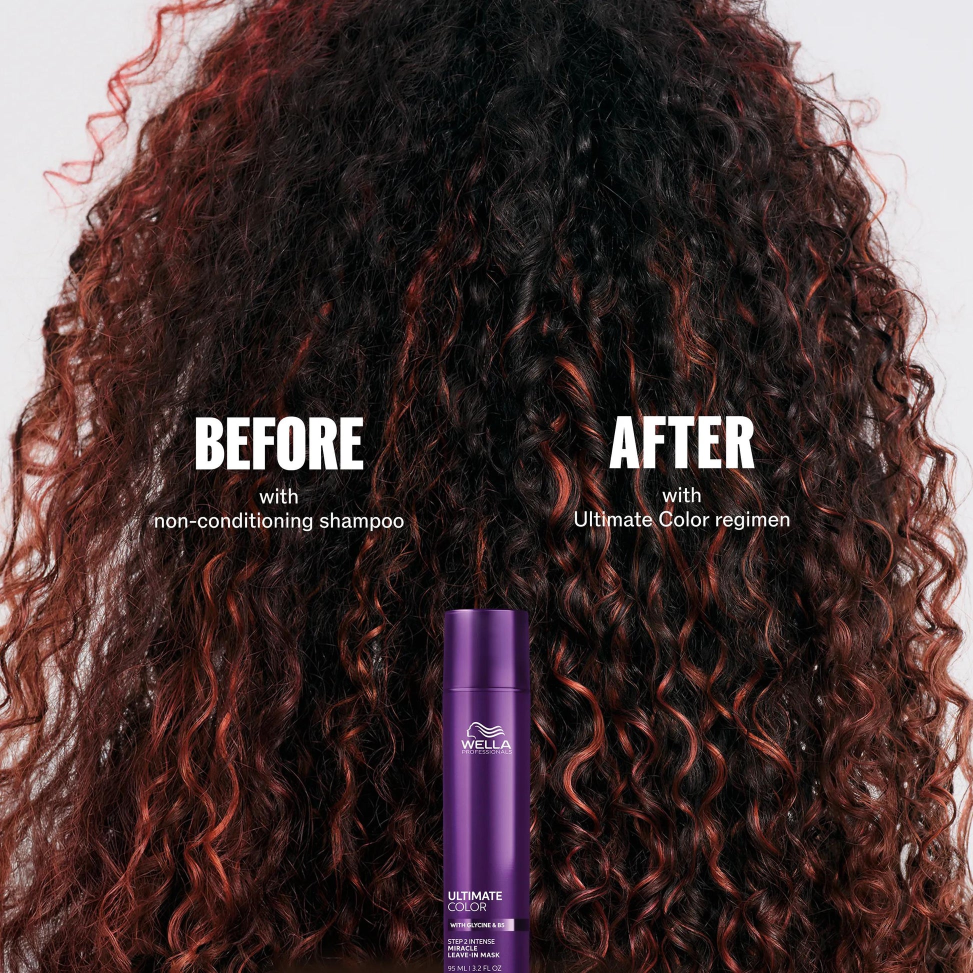 Wella Professionals Ultimate Color — Comparison image of a model with brunette curly hair and red highlights before and after using Ultimate Color range. Text overlay on the left reads "Before with non-conditioning shampoo" and on the right reads "After with Ultimate Color regimen". Ultimate Color Miracle Leave-in