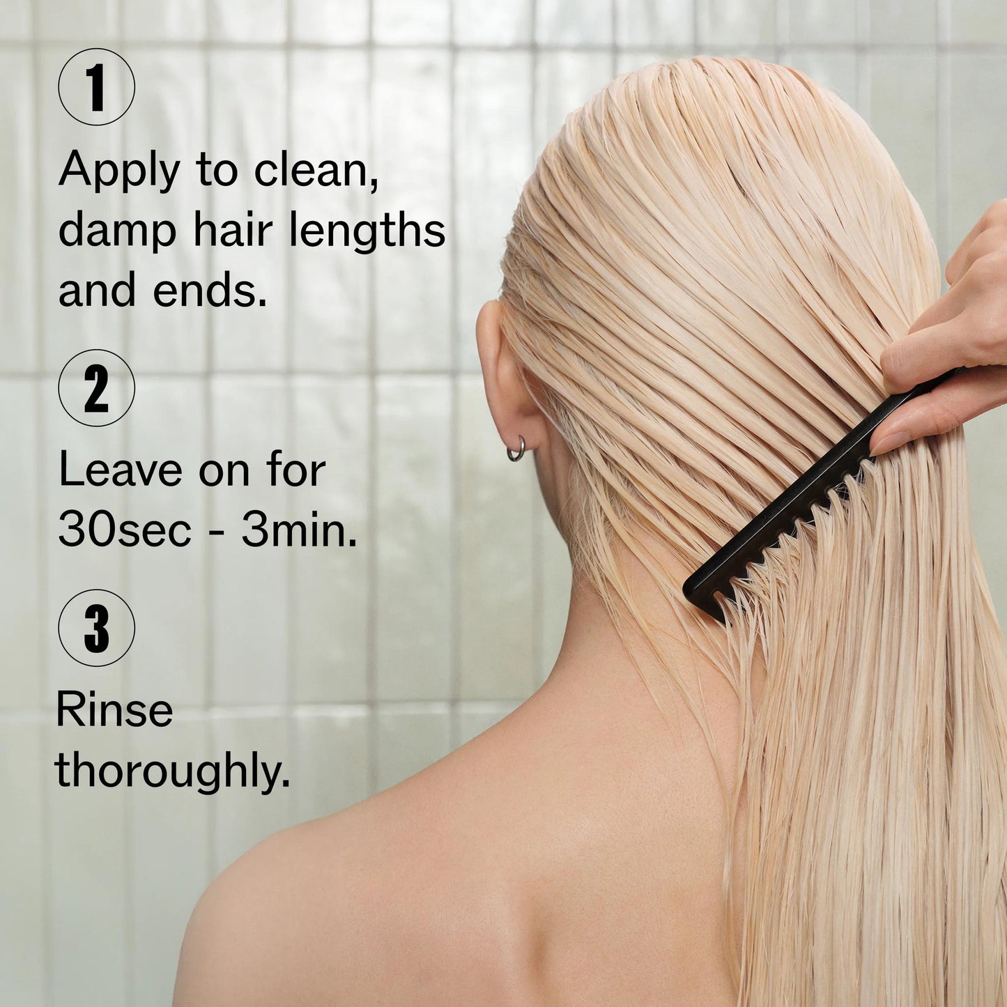 Wella Professionals Ultimate Color — Image of the back of a model's head. Model's hair is damp, long and blonde with a comb running through it. Text overlay reads "1. Apply to clean, damp hair lengths and ends. 2. Leave on for 30 sec - 3 mins. 3. Rinse thoroughly".