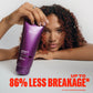Wella Professionals Ultimate Color — Image of model with curly brunette hair and red streaks, leaning on their chin with one hand and holding the Ultimate Color conditioner with their other. Text overlay reads "Up to 86% less breakage* *vs non-conditioning shampoo".