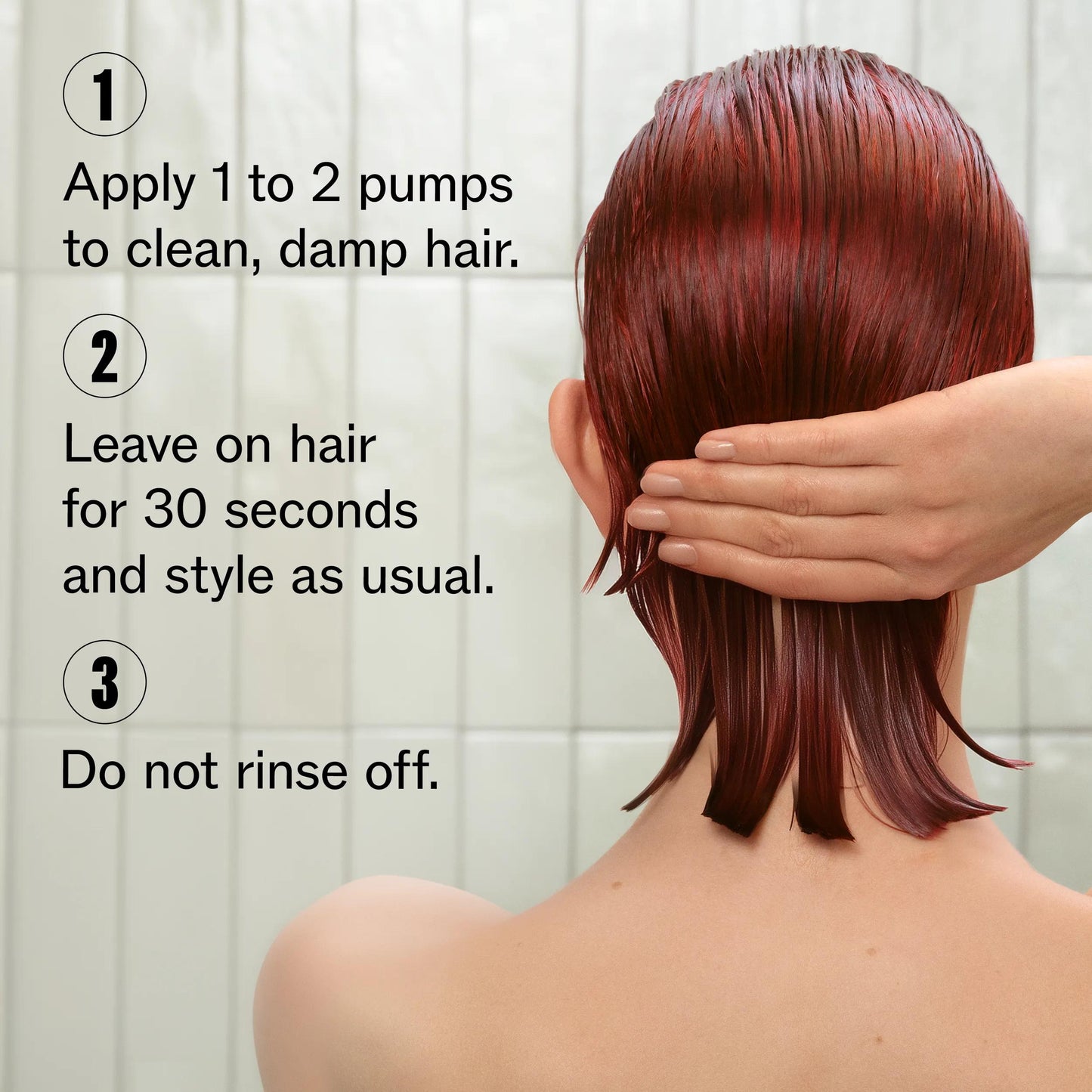 Wella Professionals Ultimate Color — Image of the back of a model's head. Model's hair is damp, short and red. Text overlay reads "1. Apply 1 to 2 damps to clean, damp hair. 2. Leave on hair for 30 seconds and style as usual. 3. Do not rinse off".