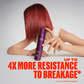 Wella Professionals Ultimate Color — Image of model with red, straight hair covering their face against a white background. Model is looking to the side and touching the Ultimate Color leave-in mask bottle that is leaning at an angle. Text overlay reads " Up to 4x more resistance to breakage* *vs.non-conditioning