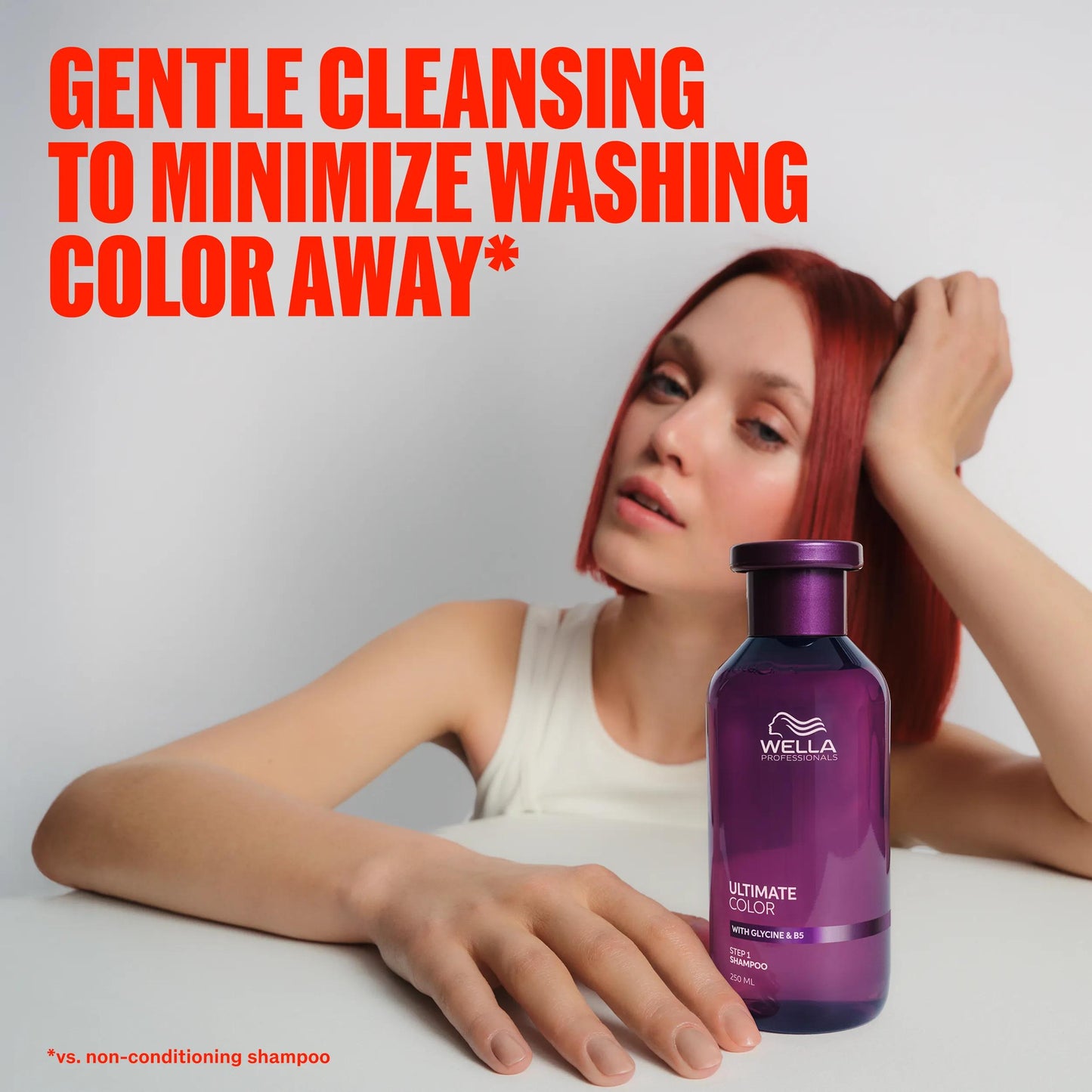 Wella Professionals Ultimate Color — Image of model with one hand leaning on her head and the other holding the Ultimate Color shampoo. Text overlay reads "Gentle cleansing to minimize washing color away*" Text in small print on the bottom right reads "vs. non conditioning shampoo"