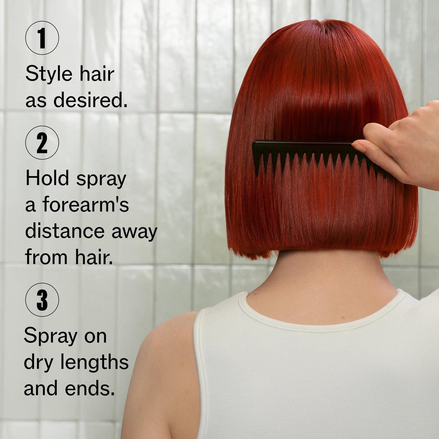 Wella Professionals Ultimate Color — The back of a model's head, they have short, red hair. Text overlay reads "1. Style hair as desired. 2. Hold spray a forearm's distance away from hair. 3. Spray on dry lengths and ends."
