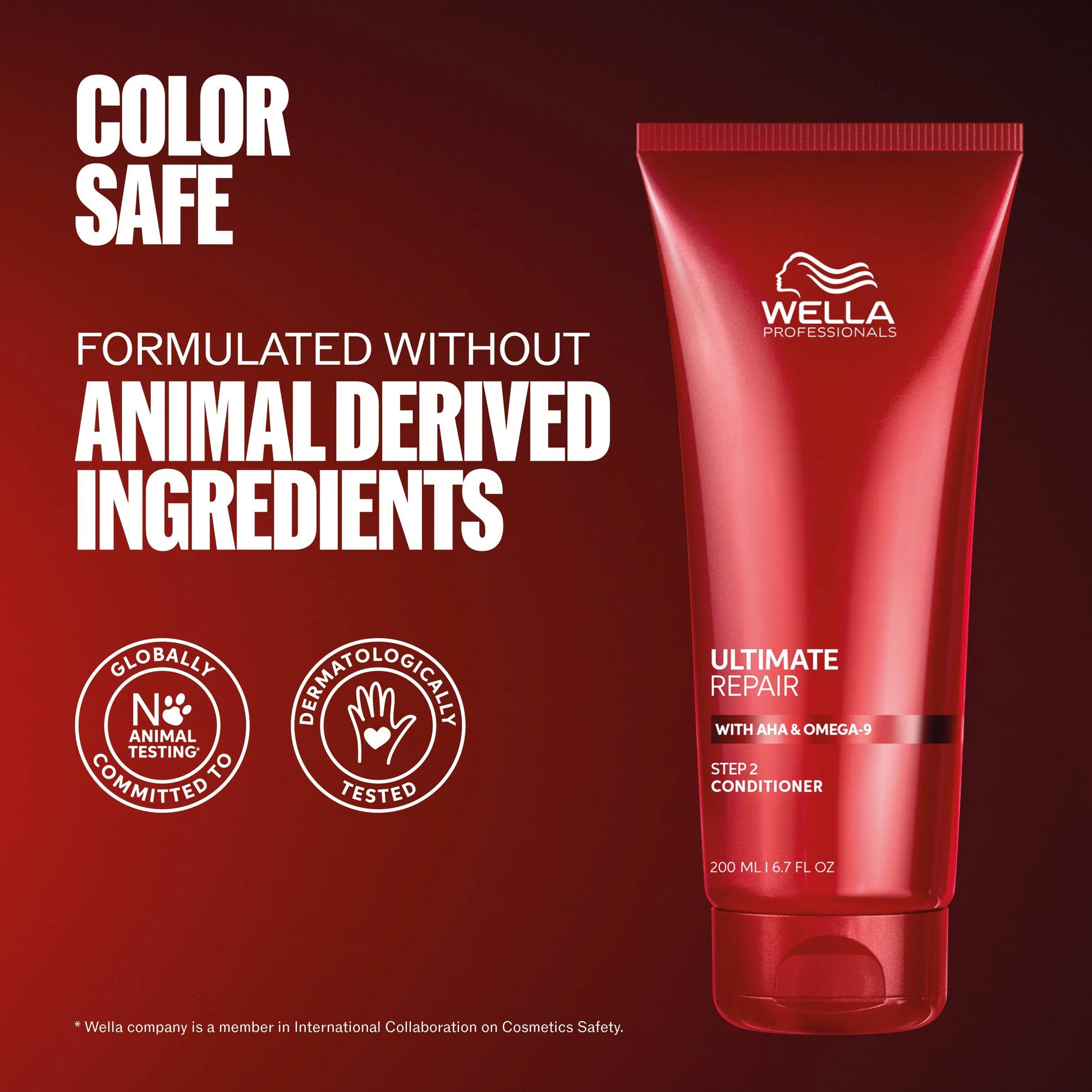 Wella Professionals Ultimate Repair — Packshot of Ultimate Repair Conditioner. Text reads color safe, formulated without animal derived ingredients.