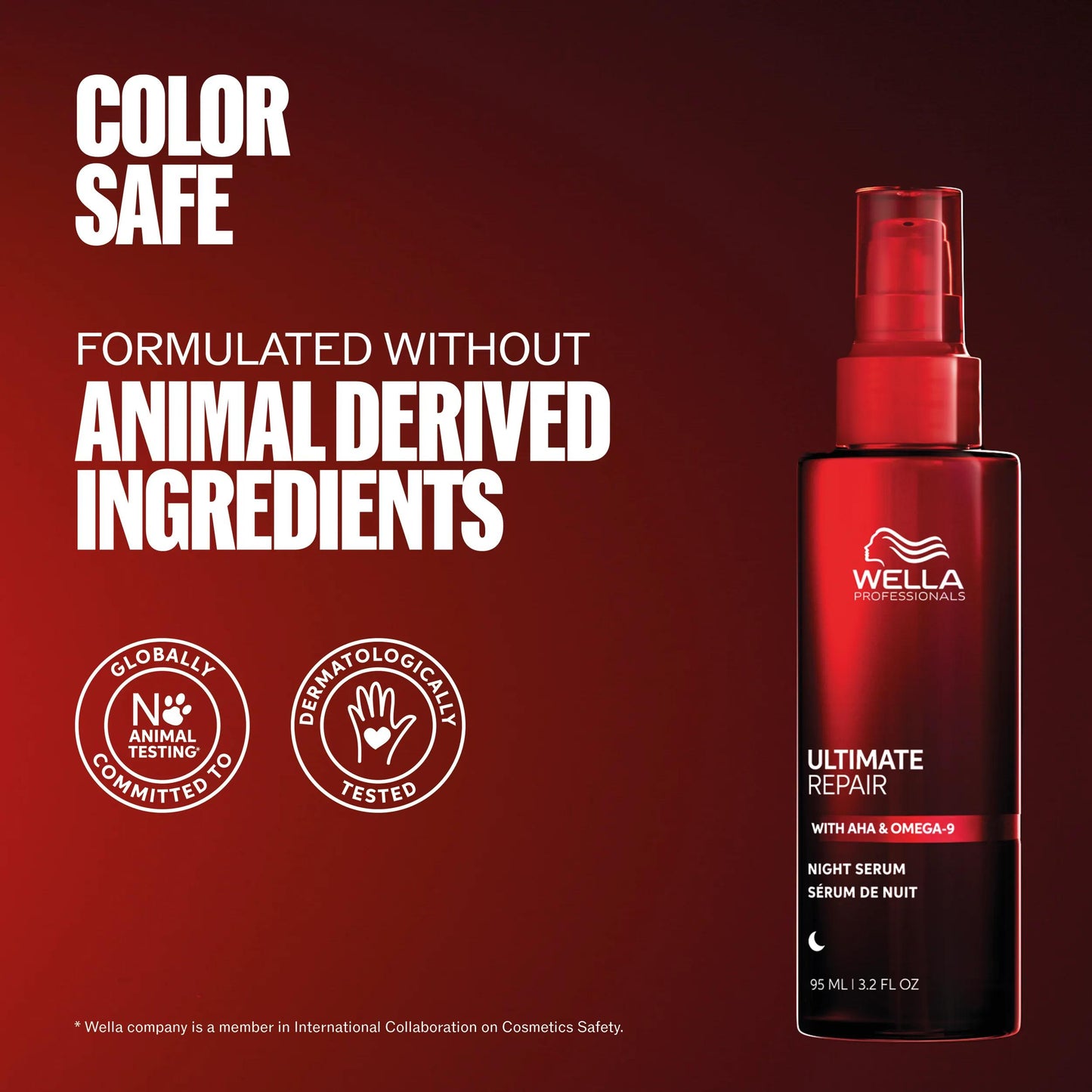 Wella Professionals Ultimate Repair — Packshot of Ultimate Repair Night Serum. Text reads color safe, formulated without animal derived ingredients.