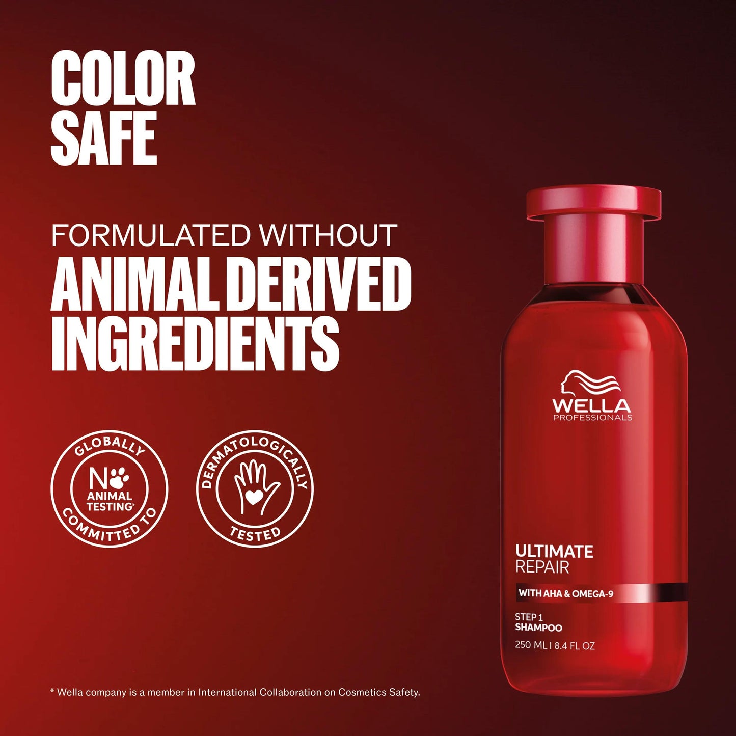Wella Professionals Ultimate Repair — Packshot of Ultimate Repair Shampoo. Text reads color safe, formulated without animal derived ingredients.
