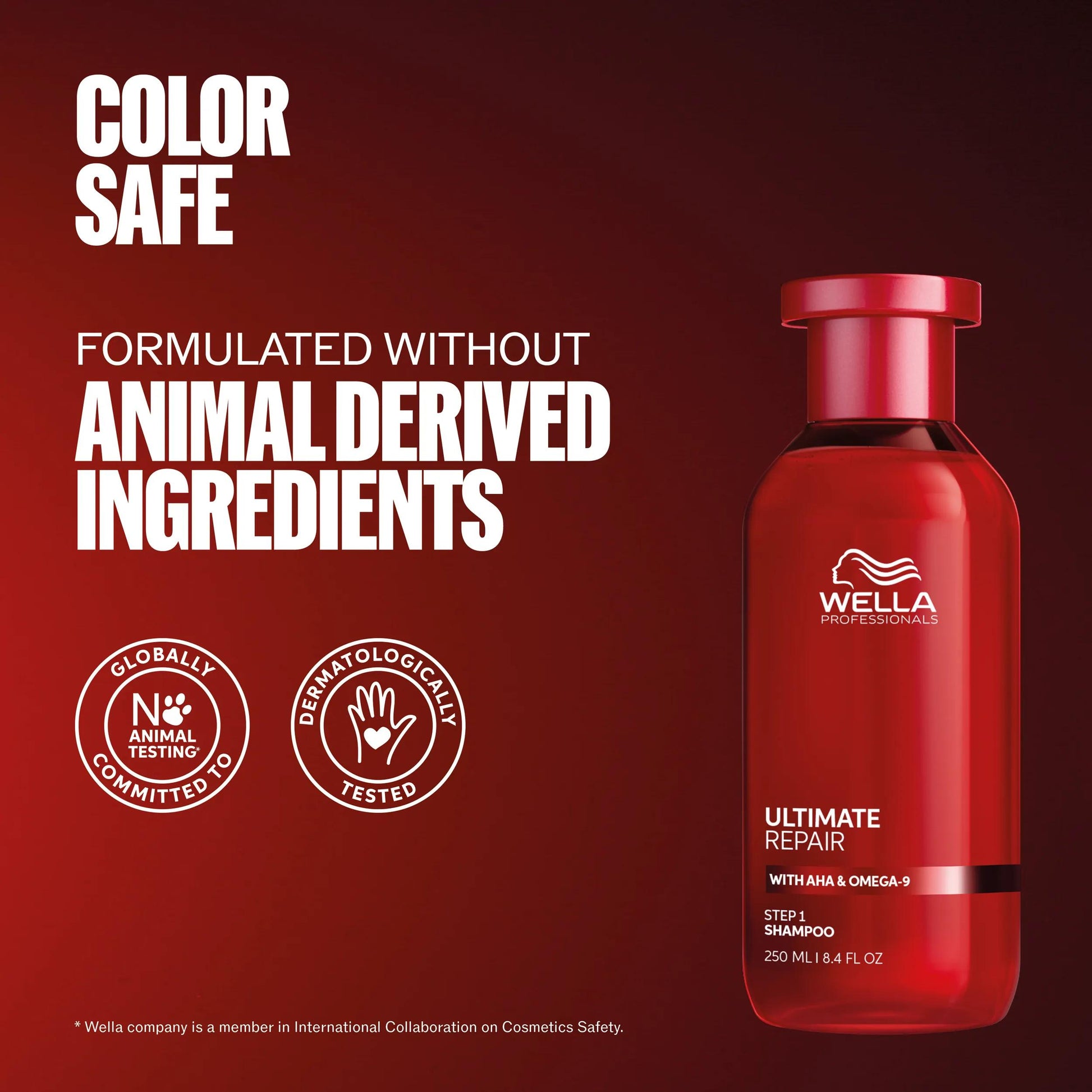 Wella Professionals Ultimate Repair — Packshot of Ultimate Repair Shampoo. Text reads color safe, formulated without animal derived ingredients.