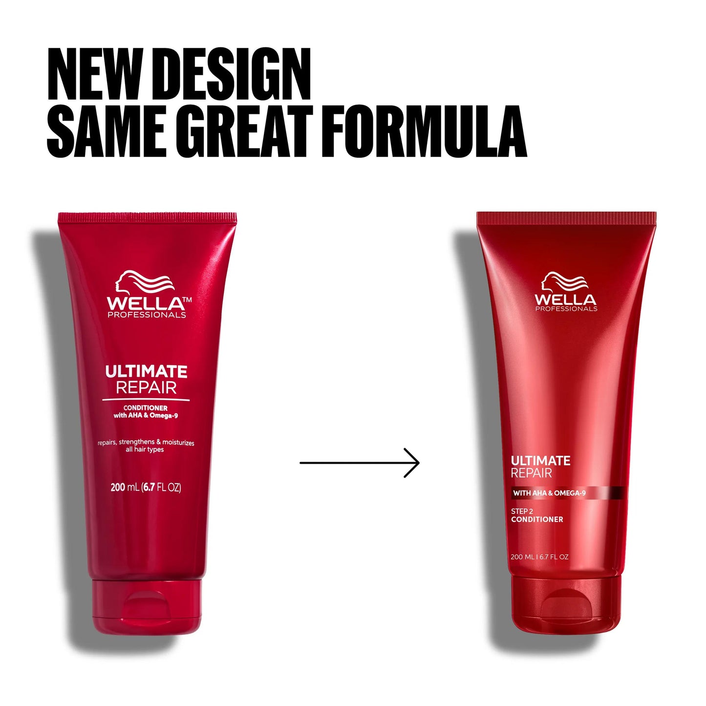 Wella Professionals Ultimate Repair — Pack image of Wella Ultimate Repair Conditioner. Shows old packaging and new packaging. Text reads new design same great formula.