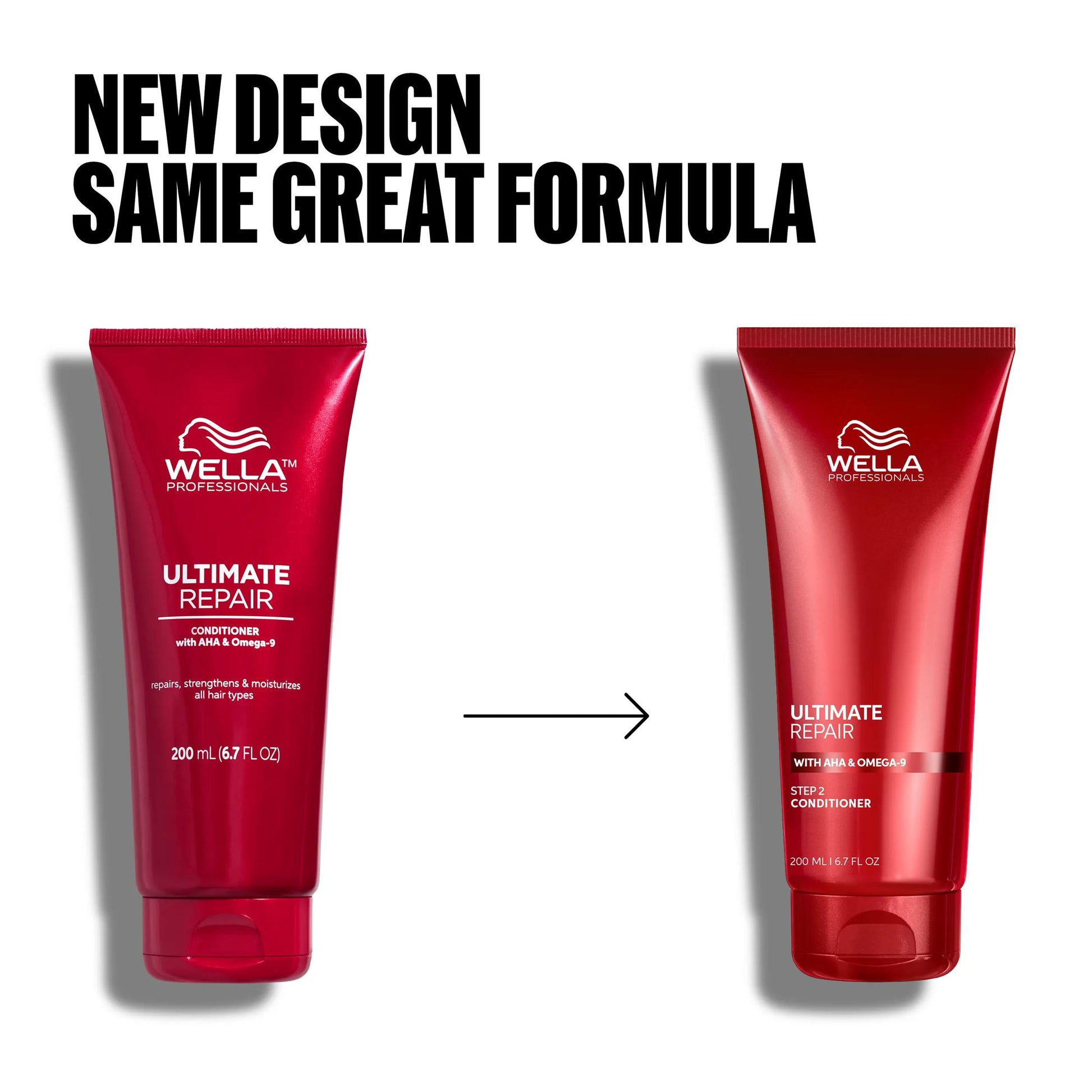 Wella Professionals Ultimate Repair — Pack image of Wella Ultimate Repair Conditioner. Shows old packaging and new packaging. Text reads new design same great formula.