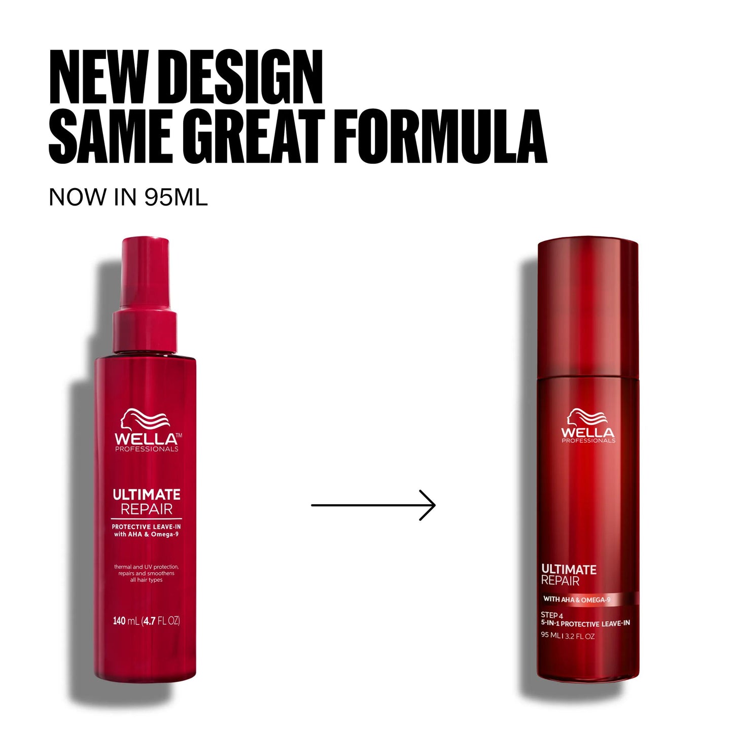Wella Professionals Ultimate Repair — Pack image of Wella Ultimate Repair Leave-in. Shows old packaging and new packaging. Text reads new design same great formula now in 95 ml.