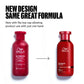 Wella Professionals Ultimate Repair — Pack image of Wella Ultimate Repair Shampoo. Shows old packaging and new packaging. Text reads new design same great formula, now with flip top cup allowing product use with just one hand.