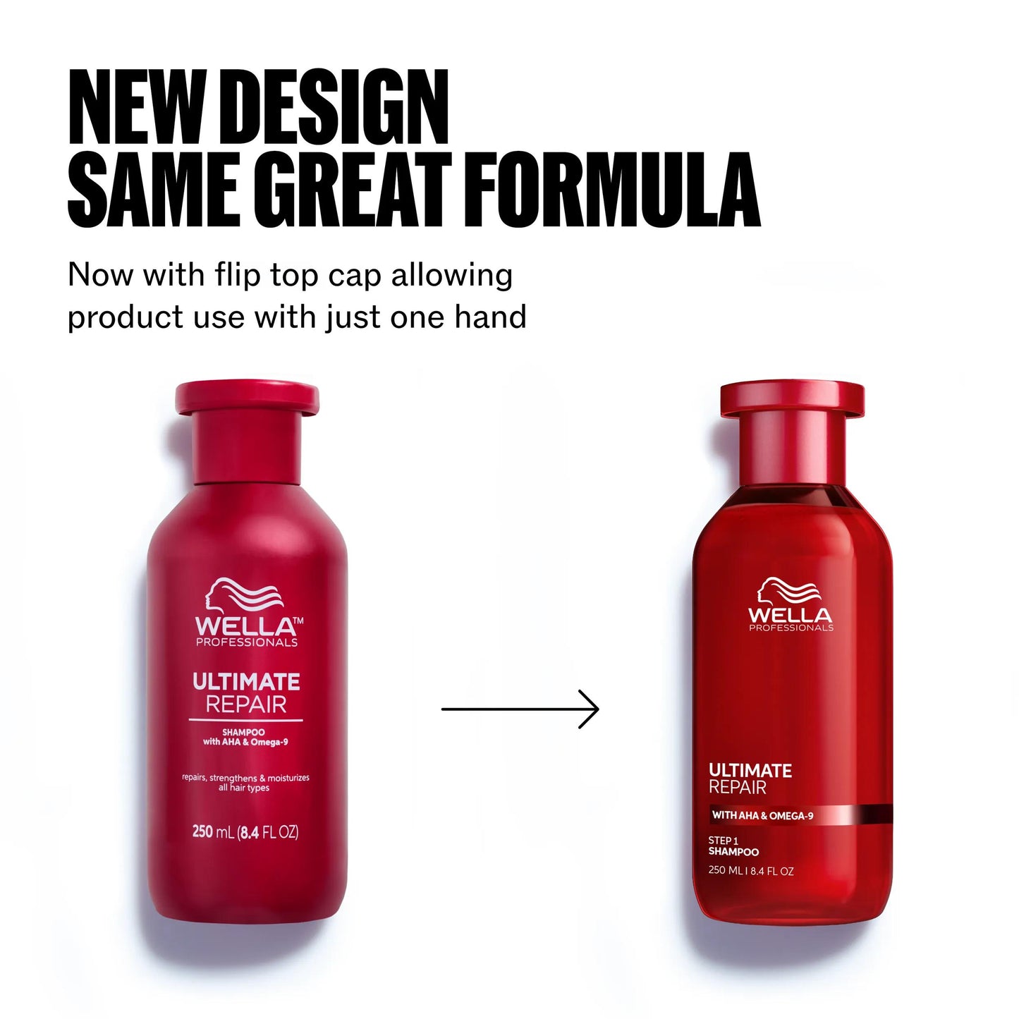 Wella Professionals Ultimate Repair — Pack image of Wella Ultimate Repair Shampoo. Shows old packaging and new packaging. Text reads new design same great formula, now with flip top cup allowing product use with just one hand.