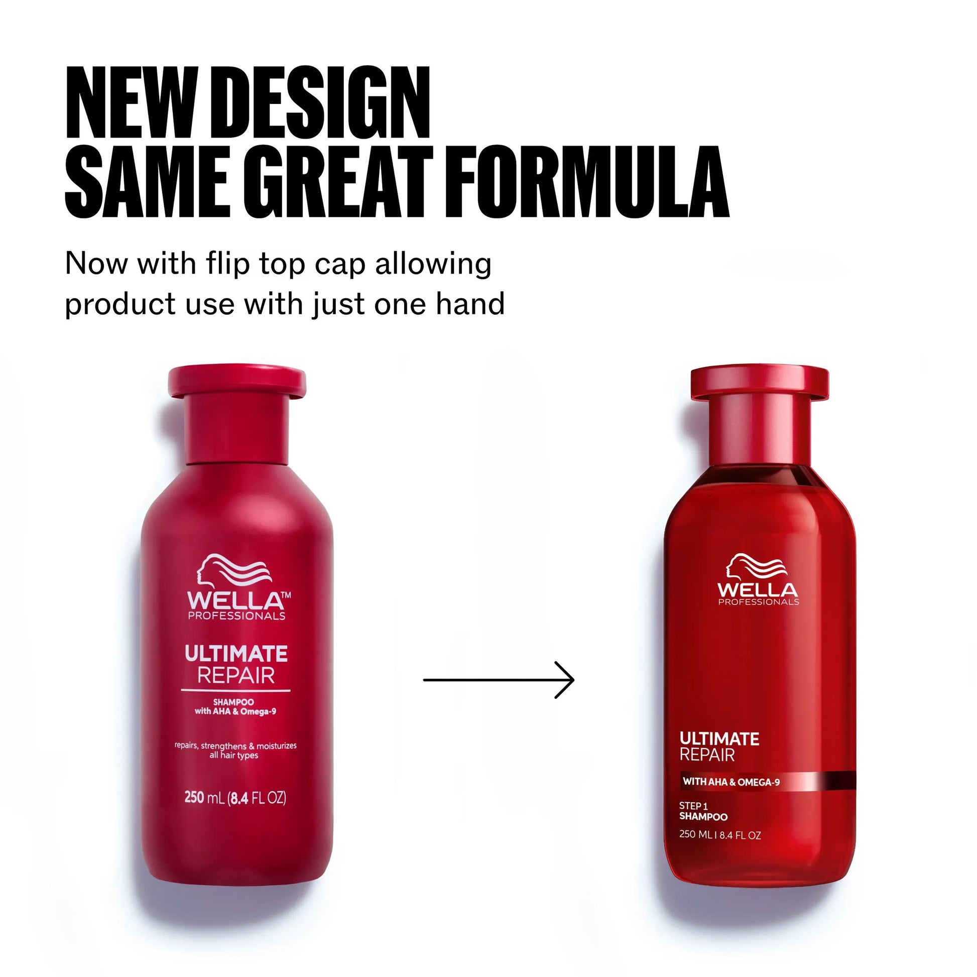 Wella Professionals Ultimate Repair — Pack image of Wella Ultimate Repair Shampoo. Shows old packaging and new packaging. Text reads new design same great formula, now with flip top cup allowing product use with just one hand.