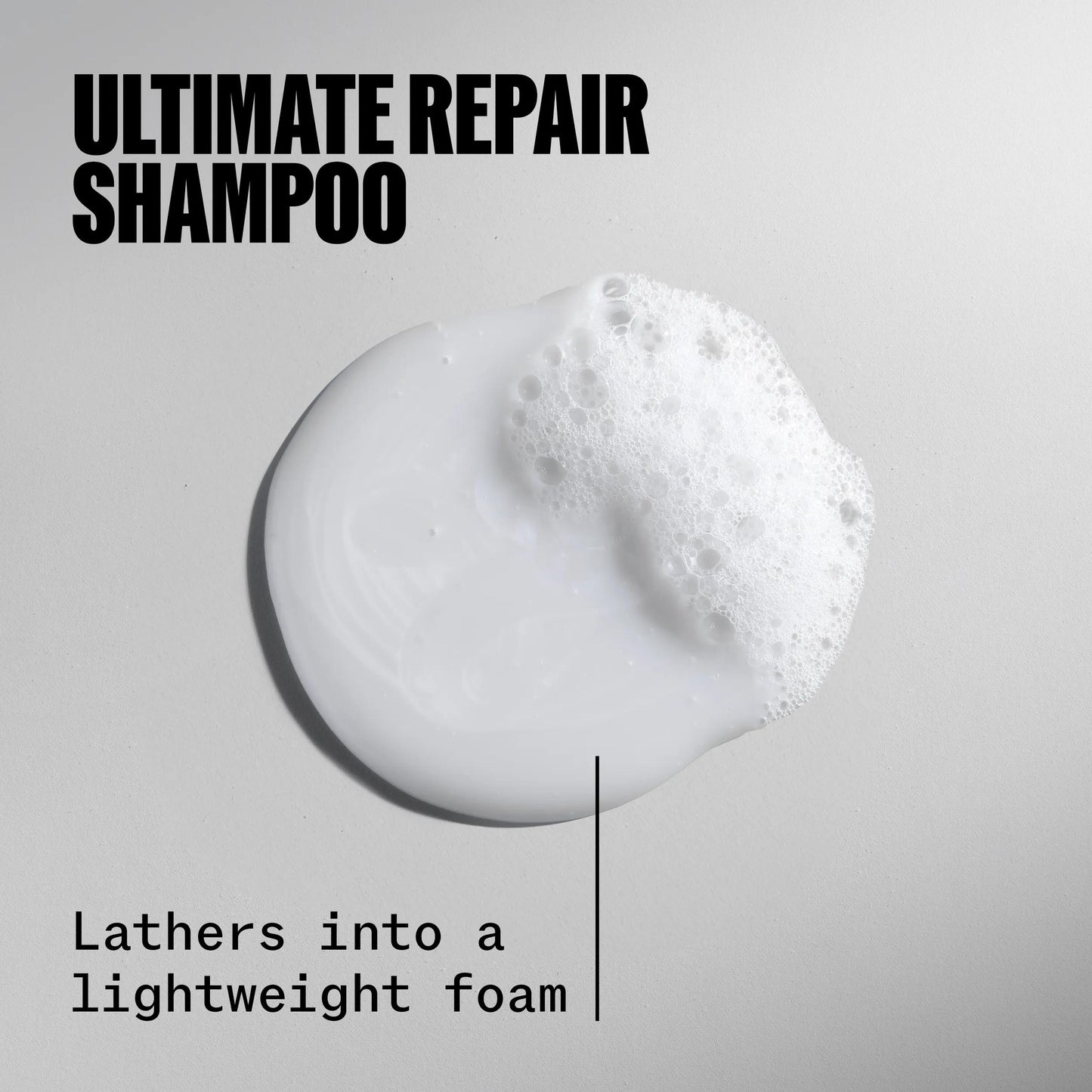 Wella Professionals Ultimate Repair — Drop of Ultimate Repair Shampoo. Text reads lathers into a lightweight foam.