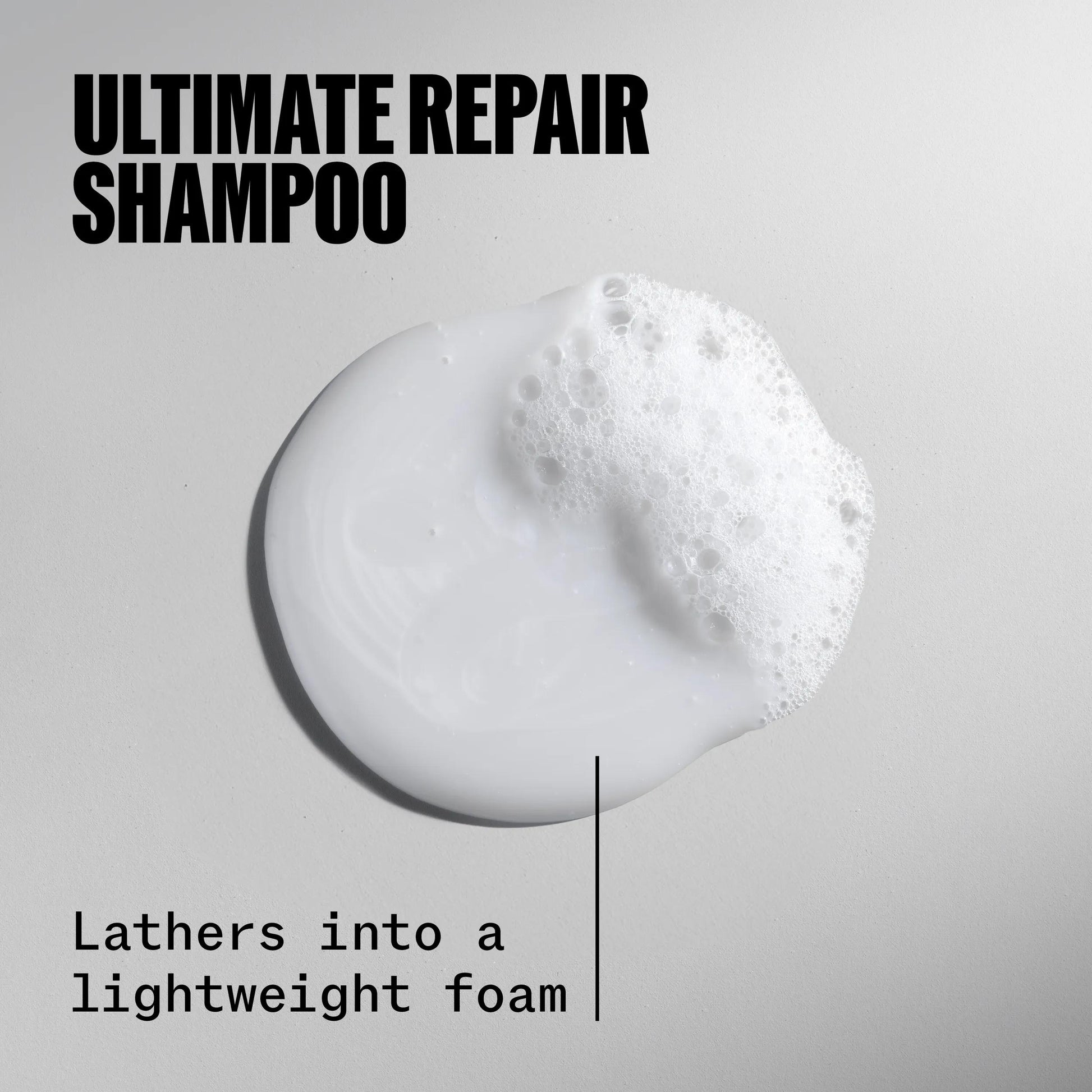 Wella Professionals Ultimate Repair — Drop of Ultimate Repair Shampoo. Text reads lathers into a lightweight foam.