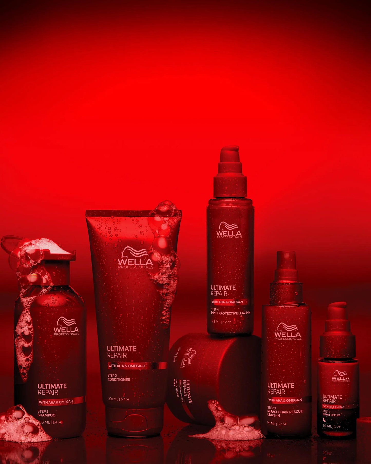 Wella Professionals Ultimate Repair — Image of Wella Ultimate Repair regimen over a red background