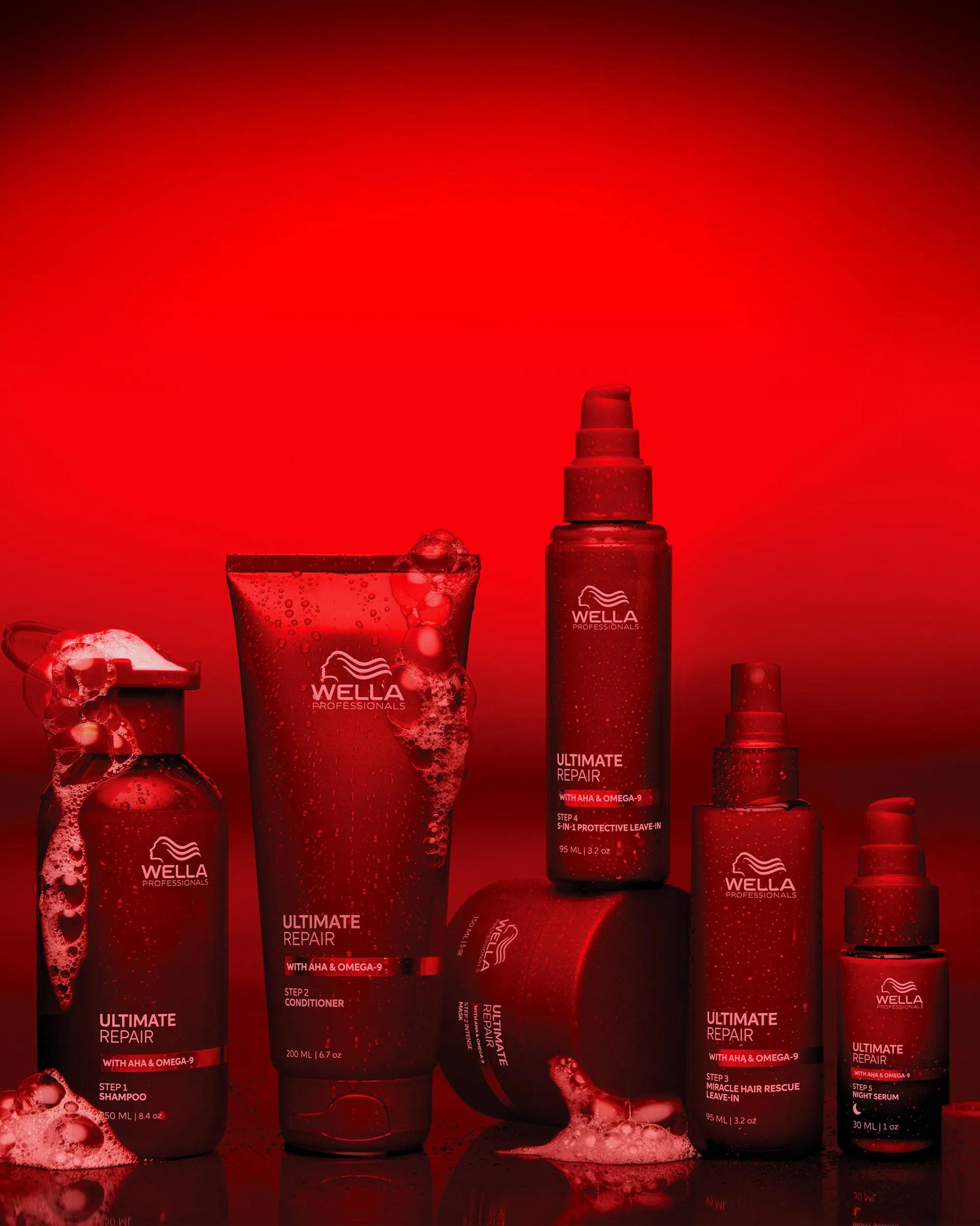 Wella Professionals Ultimate Repair — Image of Wella Ultimate Repair regimen over a red background