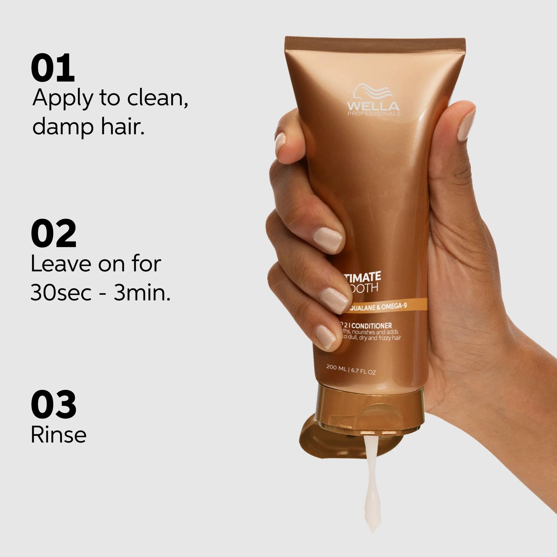 Wella Professionals Ultimate Smooth — Packshot of Wella Professionals Ultimate Smooth Conditioner with instructions on how to use it. Text reads apply to clean damp hair, leave on for 30sec-3min, rinse.