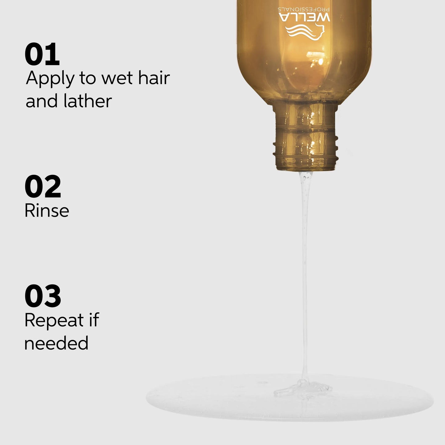 Wella Professionals Ultimate Smooth — Image listing the steps needed to use Wella Professionals Ultimate Smooth Shampoo. Steps read apply water to wet hair and lather, rinse, repeat if needed.