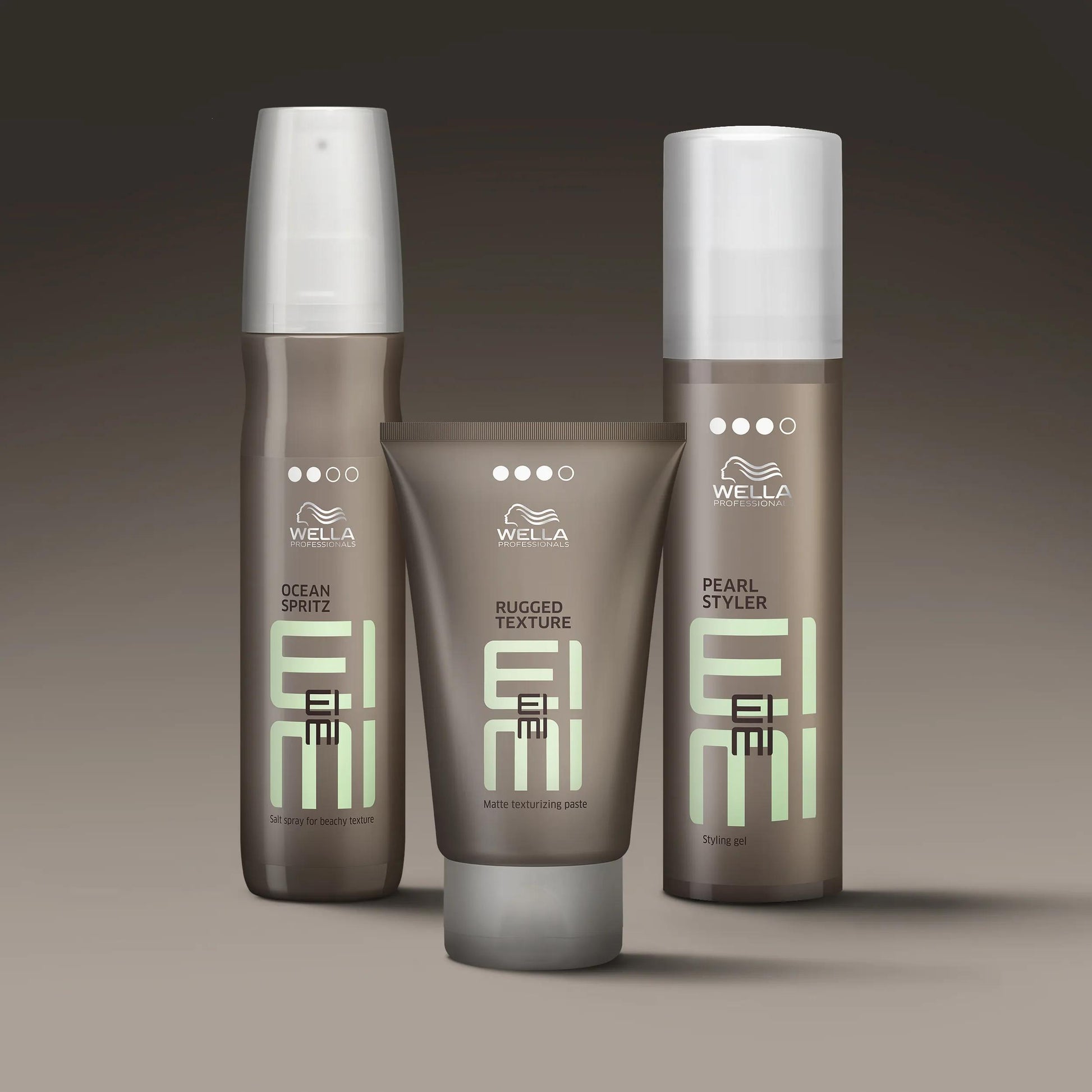 Wella Professionals Eimi — Image of Wella EIMI Ocean Spritz salt spray, Rugged Texture matte paste, and Pearl Styler styling gel.