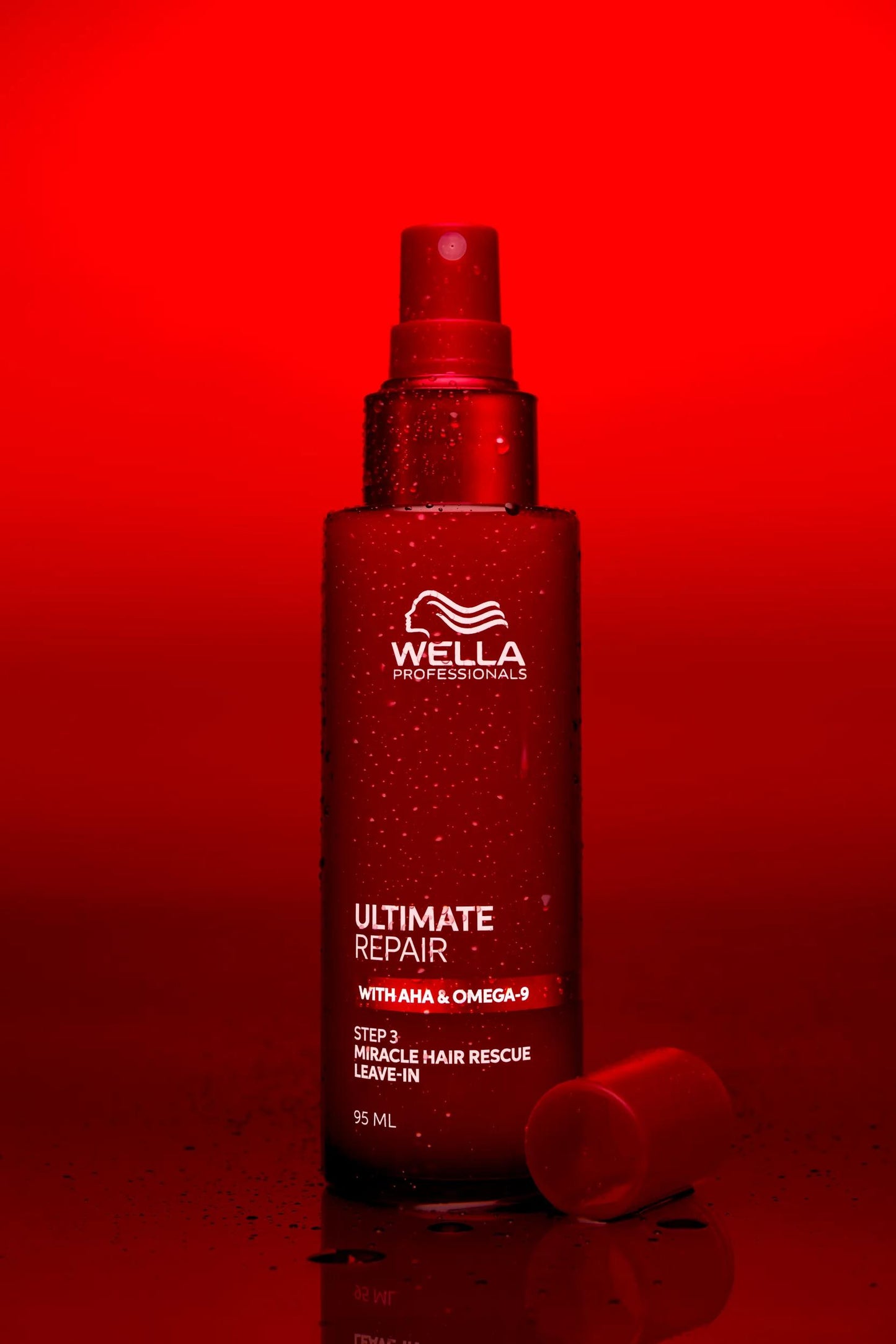 Wella Professionals Ultimate Repair — Packshot of Wella Ultimate Repair Miracle Hair Rescue Leave-in over a red background.