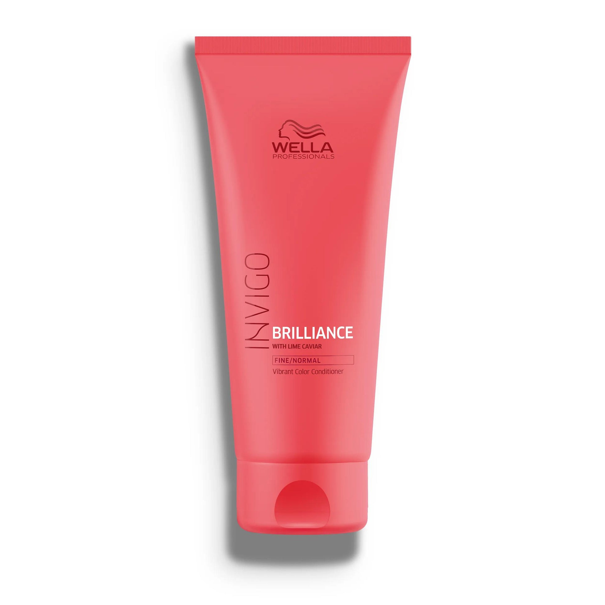 Wella Professionals Invigo Brilliance — Packshot of Wella Professionals Invigo Brilliance Vibrant Color Conditioner for fine/normal hair - a red bottle with white font and a darker red Wella logo.