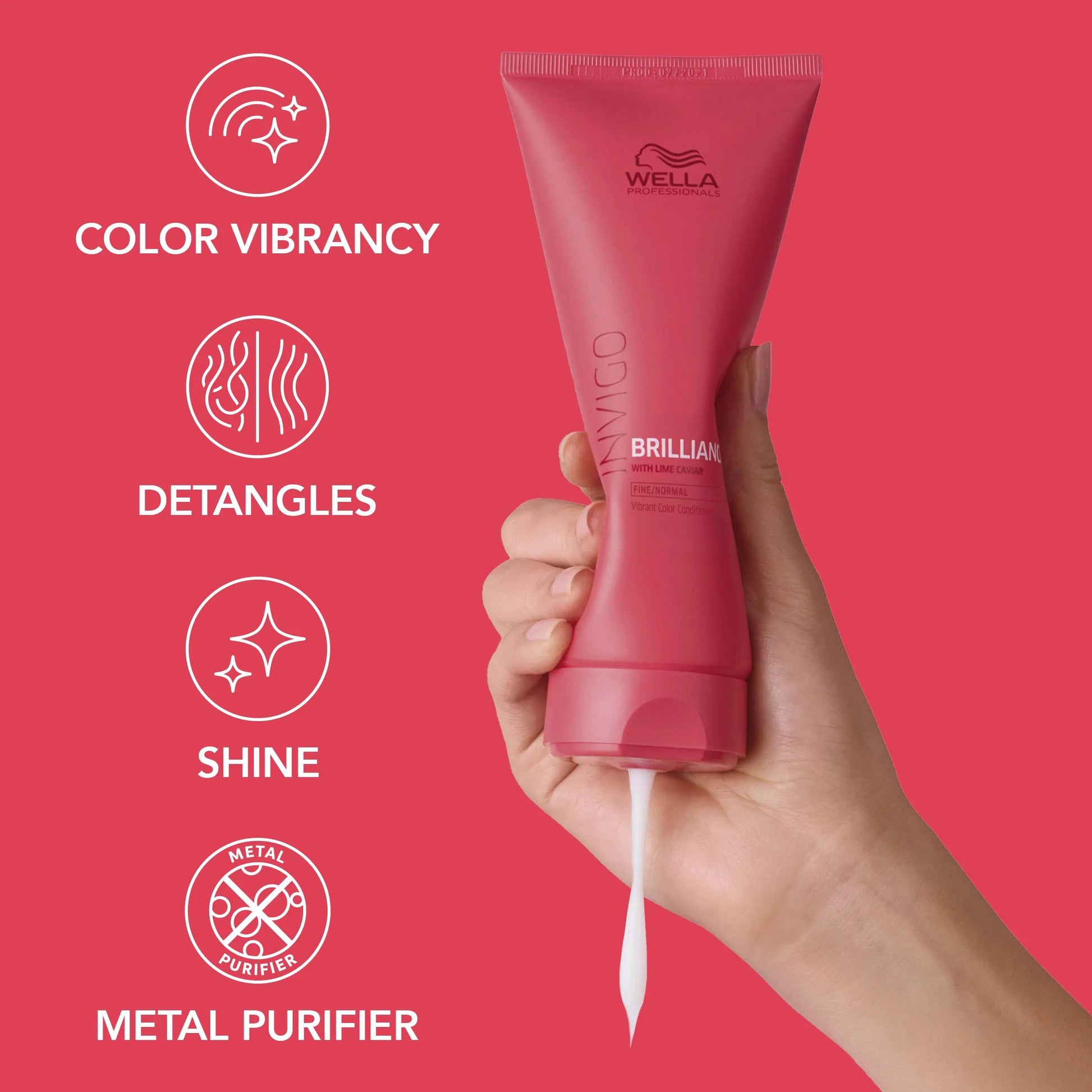 Wella Professionals Invigo Brilliance — Photograph of a woman's arm holding a tube of Invigo Brilliance Fine Hair Conditioner, beside text which says 'color vibrancy, detangles, shine & metal purifier'.