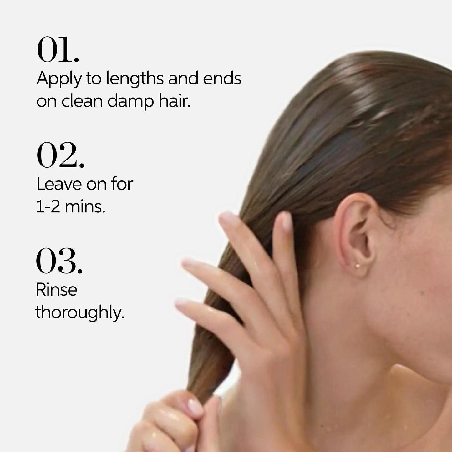 Wella Professionals Invigo Brilliance — Text detailing how to use Invigo Brilliance fine hair conditioner in 3 steps: text says '01, apply to lengths and ends on clean damp hair. 02, leave on for 1-2 mins. 03, rinse thoroughly', next to a photograph of a model smoothing the product through damp brunette hair.