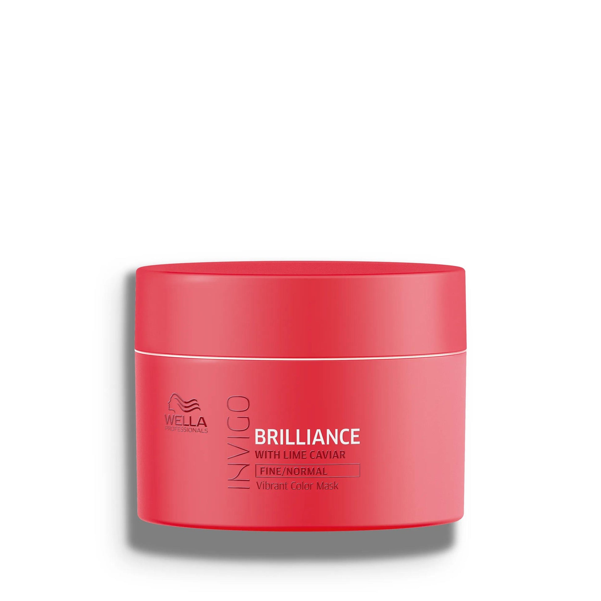 Wella Professionals Invigo Brilliance — Packshot of Wella Professionals Invigo Brilliance Vibrant Color Mask for fine/normal hair - a red tub with white font and a darker red Wella logo.