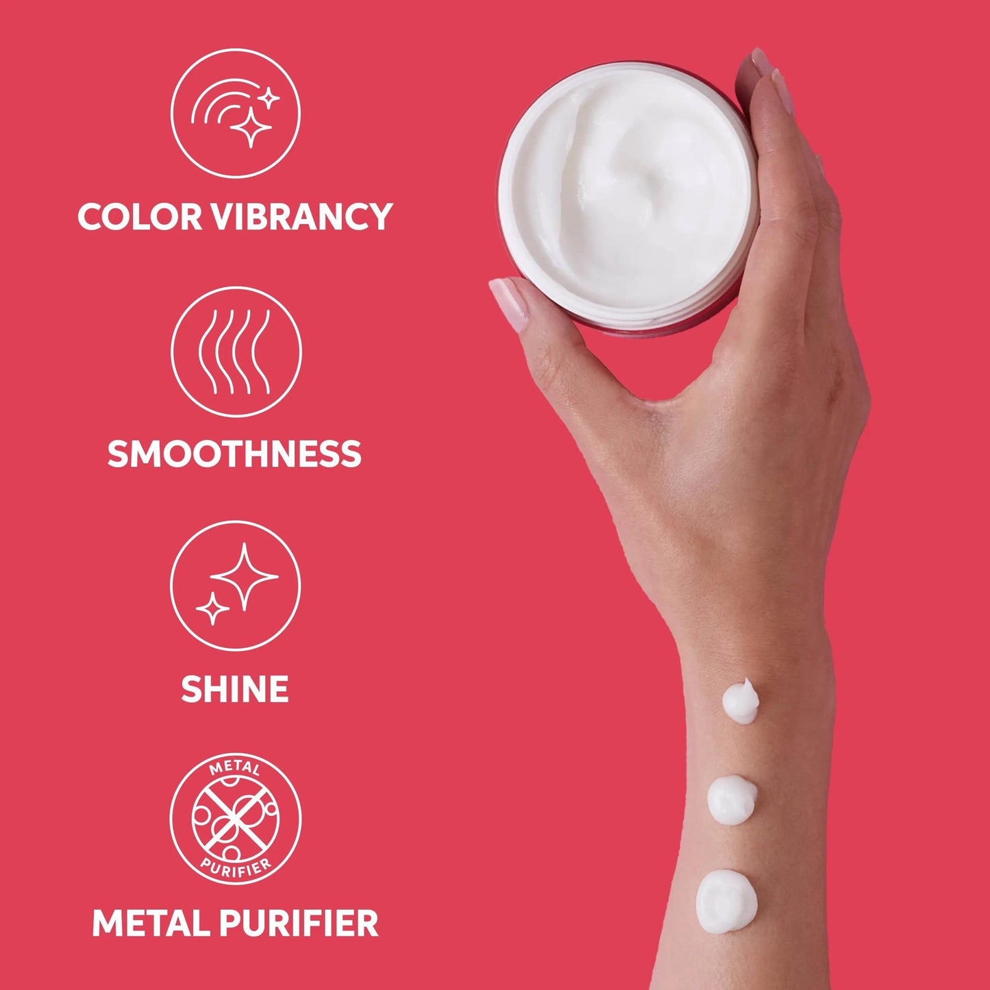 Wella Professionals Invigo Brilliance — Photograph of a woman's arm holding a tub of hair product, and blobs of hair product up her arm, beside text which says 'color vibrancy, smoothness, shine & metal purifier'.