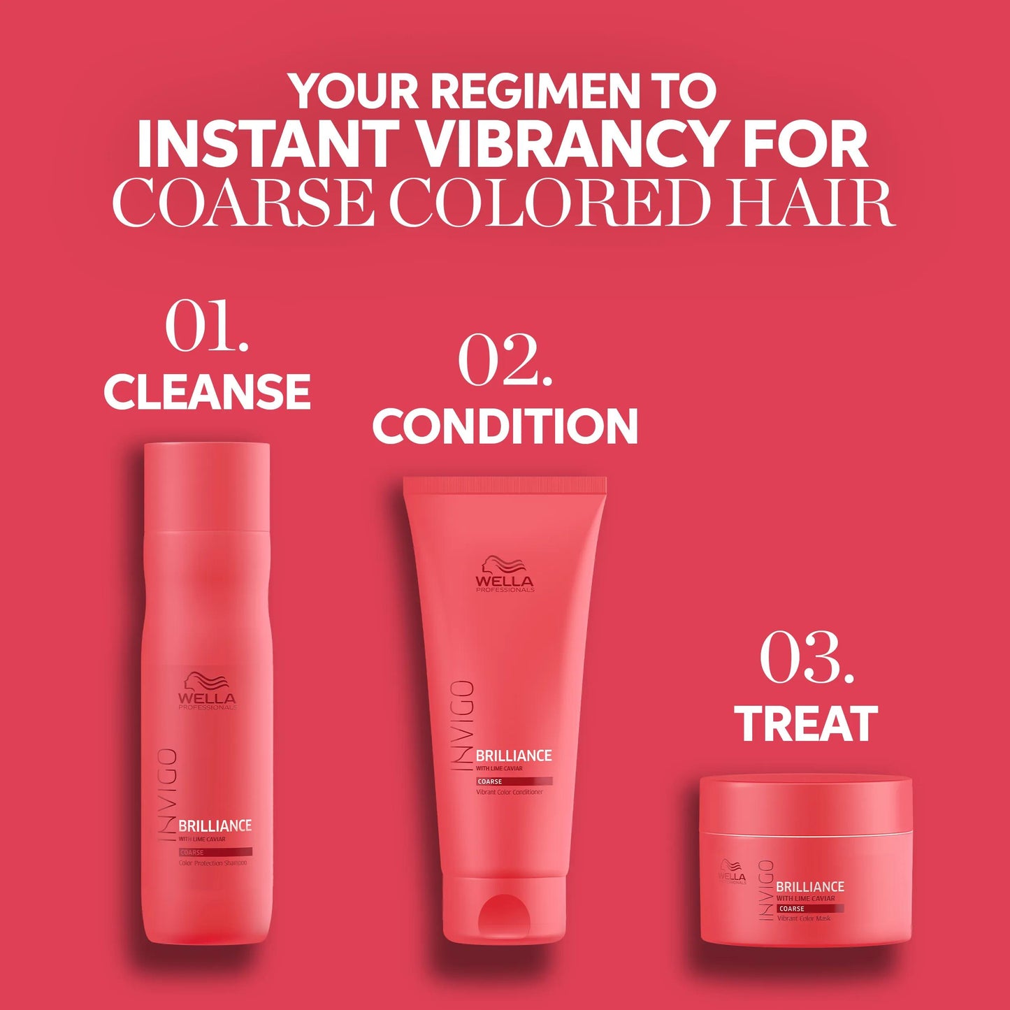 Wella Professionals Invigo Brilliance — Text saying 'your regimen to instant vibrancy for coarse colored hair'. Packshots of the 3 Invigo Brilliance products are included in 3 steps: step 1 - cleanse with Invigo Brilliance shampoo. Step 2 - condition with the conditioner. Step 3 - treat with the hair mask.