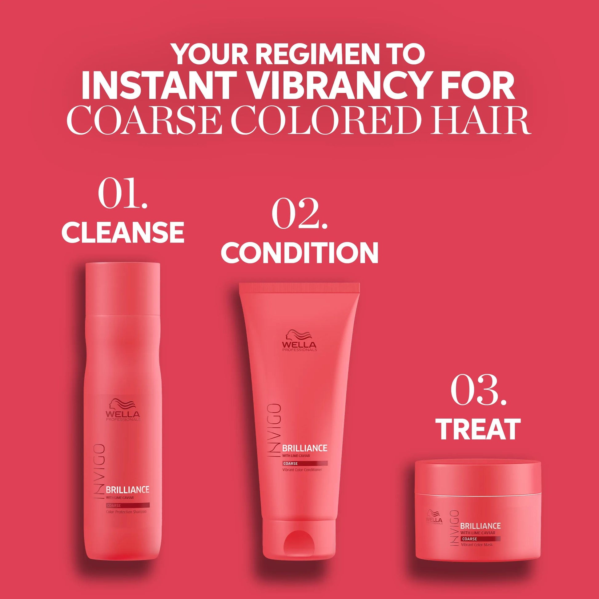 Wella Professionals Invigo Brilliance — Text saying 'your regimen to instant vibrancy for coarse colored hair'. Packshots of the 3 Invigo Brilliance products are included in 3 steps: step 1 - cleanse with Invigo Brilliance shampoo. Step 2 - condition with the conditioner. Step 3 - treat with the hair mask.