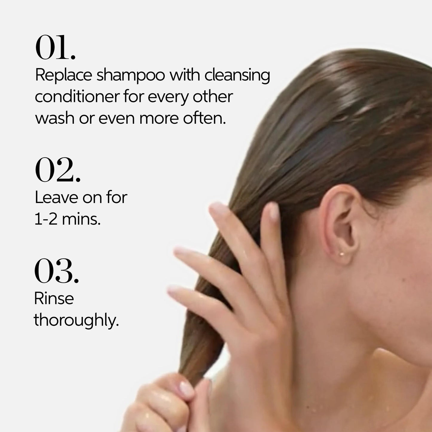 Wella Professionals NutriCurls — Image displaying a woman washing her hair with numbered instructions: apply to wet hair, massage and lather, rinse and repeat.