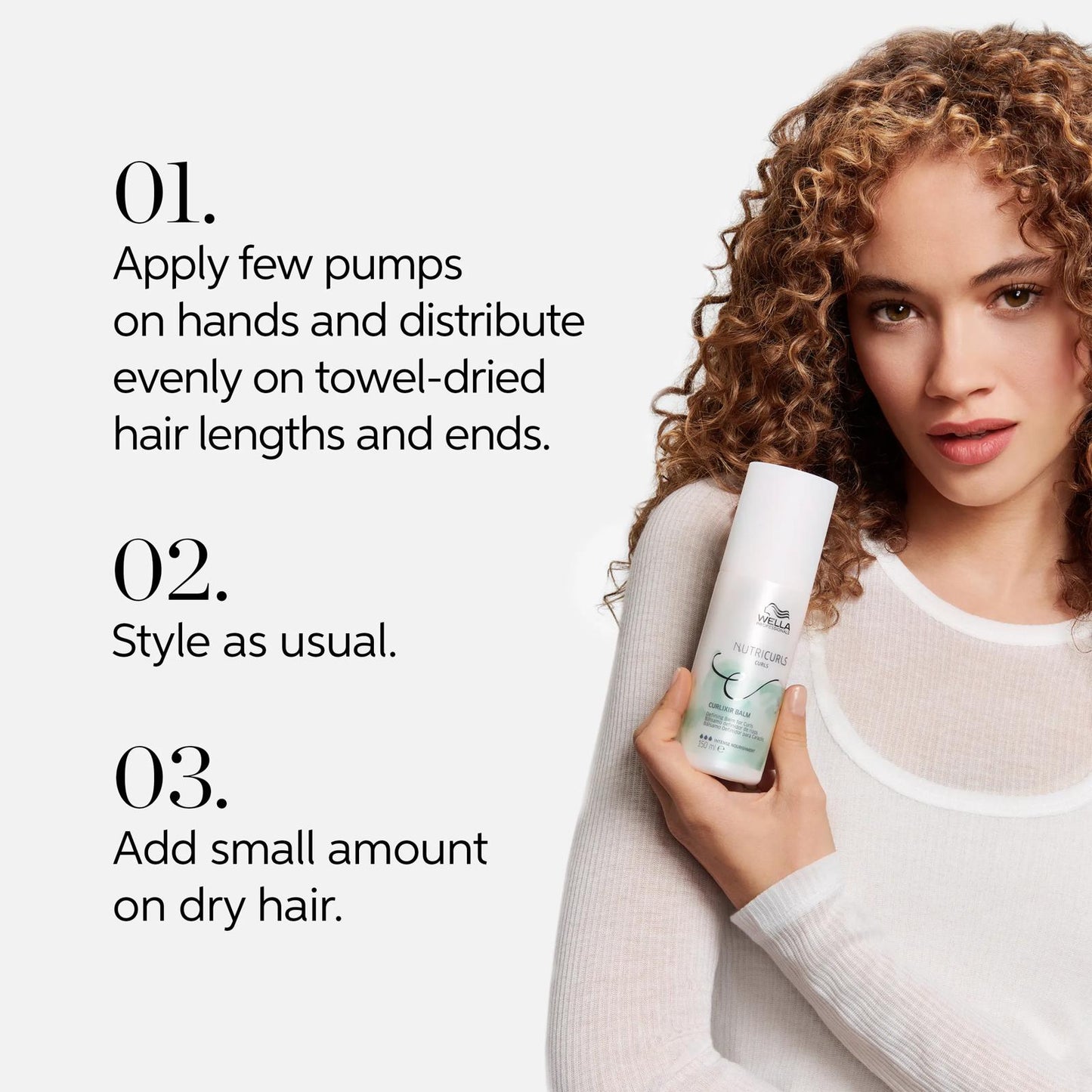 How to use Wella NutriCurls Curlixir Defining Balm: apply a few pumps to towel-dried lengths and ends, style as usual