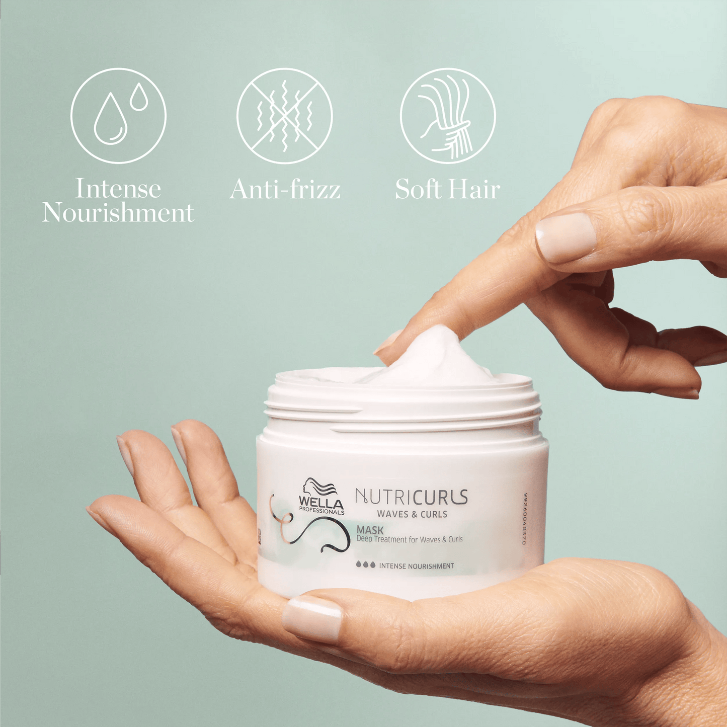 Wella Professionals NutriCurls — Hands holding a jar of Wella Professionals NutriCurls Waves & Curls Mask. Above the product are icons representing key benefits: Intense Nourishment, Anti-Frizz, and Soft Hair.