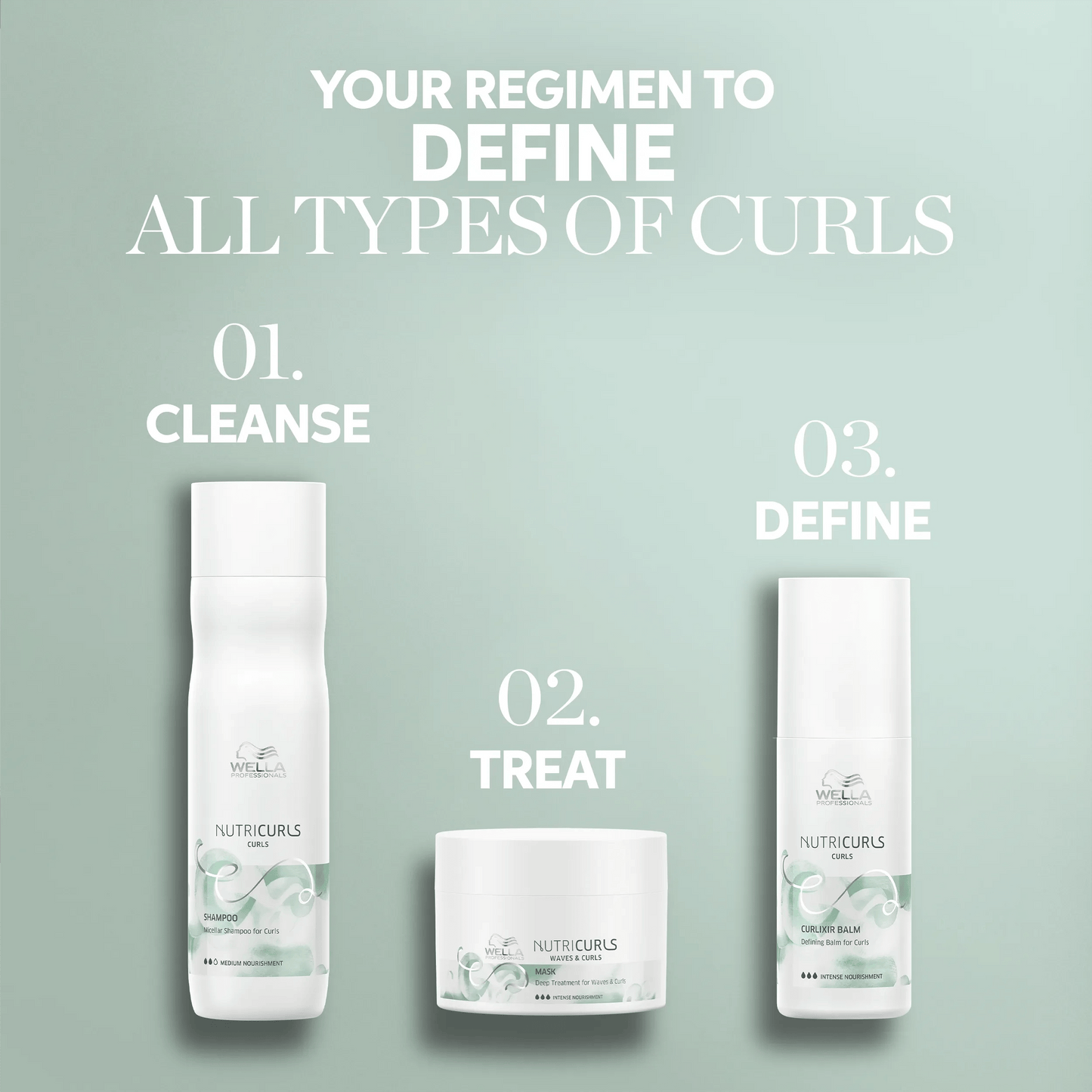 Wella Professionals NutriCurls — Image of a Wella Professionals NutriCurls three-step regimen for defining all types of curls: Cleanse, Treat, Define.
