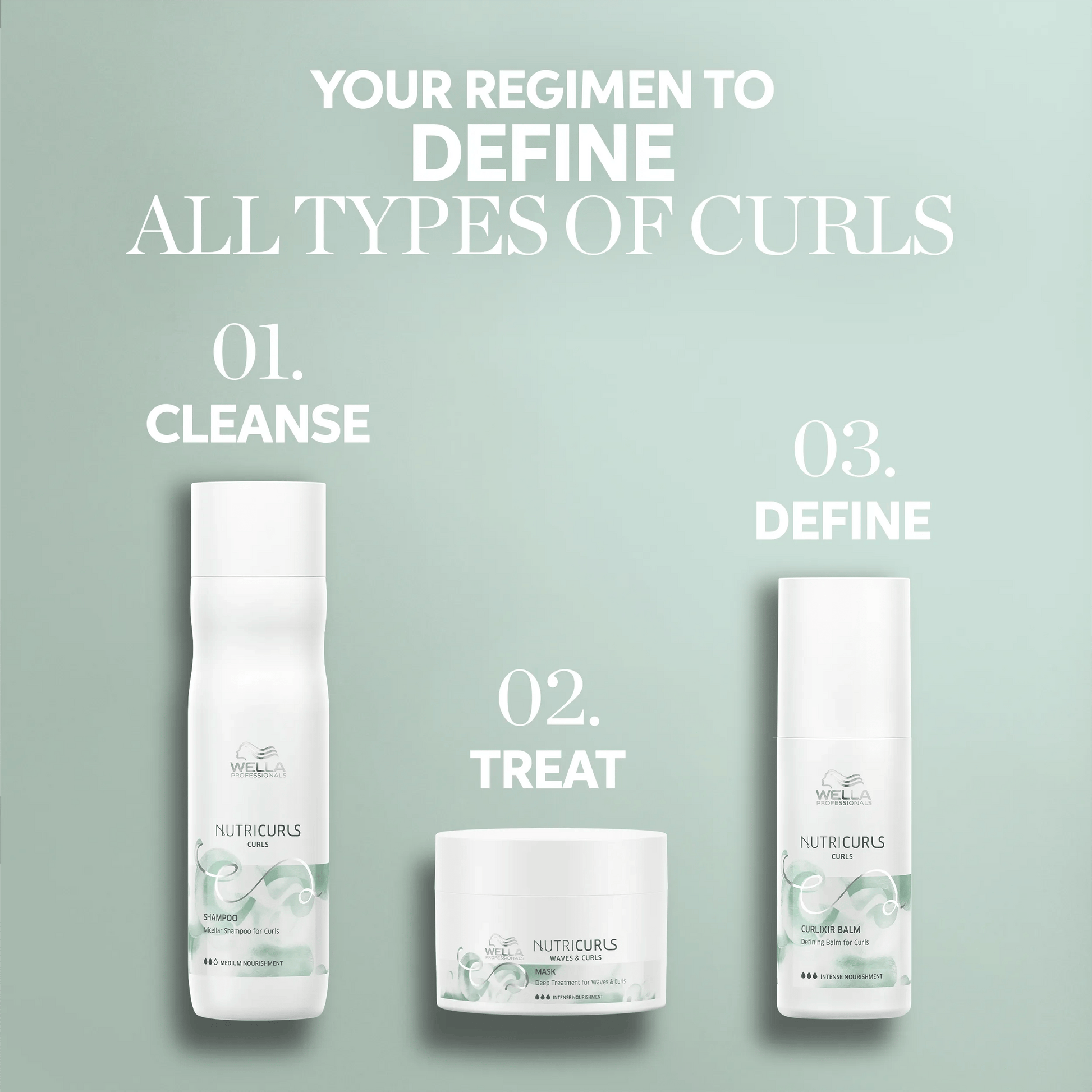 Wella Professionals NutriCurls — Wella NutriCurls wave regimen: Cleanse, Treat, Define.
