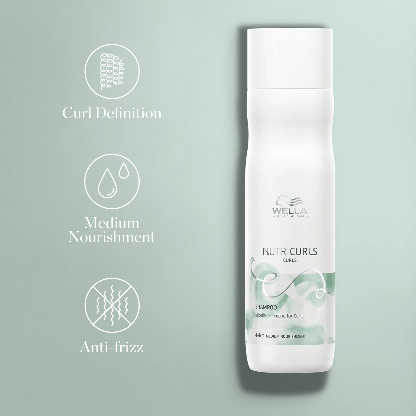 Wella Professionals NutriCurls — Wella NutriCurls Shampoo with Curl Definition, Medium Nourishment, and Anti-frizz icons.