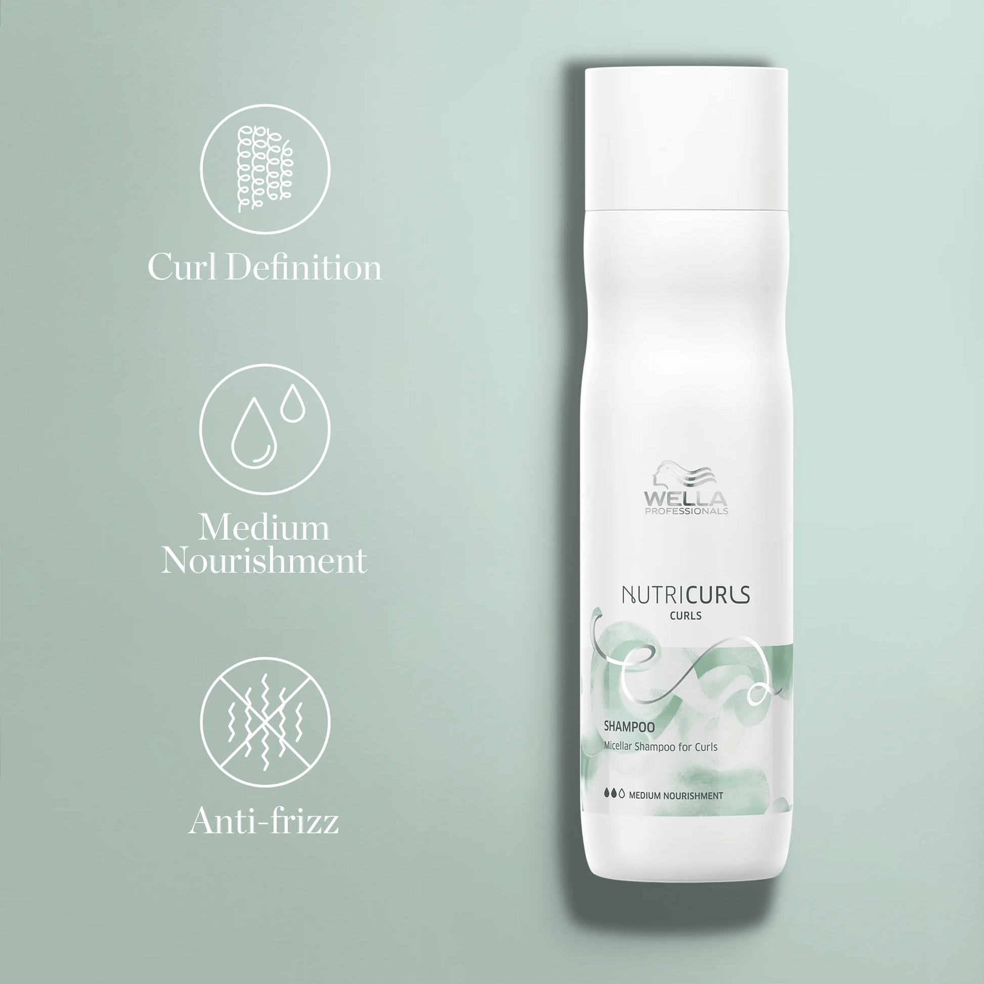 Wella Professionals NutriCurls — Wella NutriCurls Shampoo with Curl Definition, Medium Nourishment, and Anti-frizz icons.