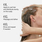 Wella Professionals NutriCurls — A woman is shown washing her hair while text outlines the process: Apply shampoo to wet hair and distribute evenly, Massage and lather, Rinse and repeat if needed.