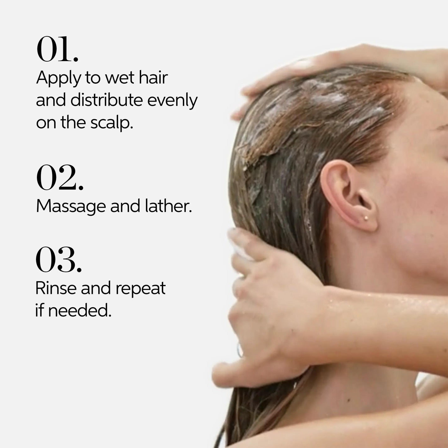 Wella Professionals NutriCurls — Image displaying a woman washing her hair with numbered instructions: apply to wet hair, massage and lather, rinse and repeat.