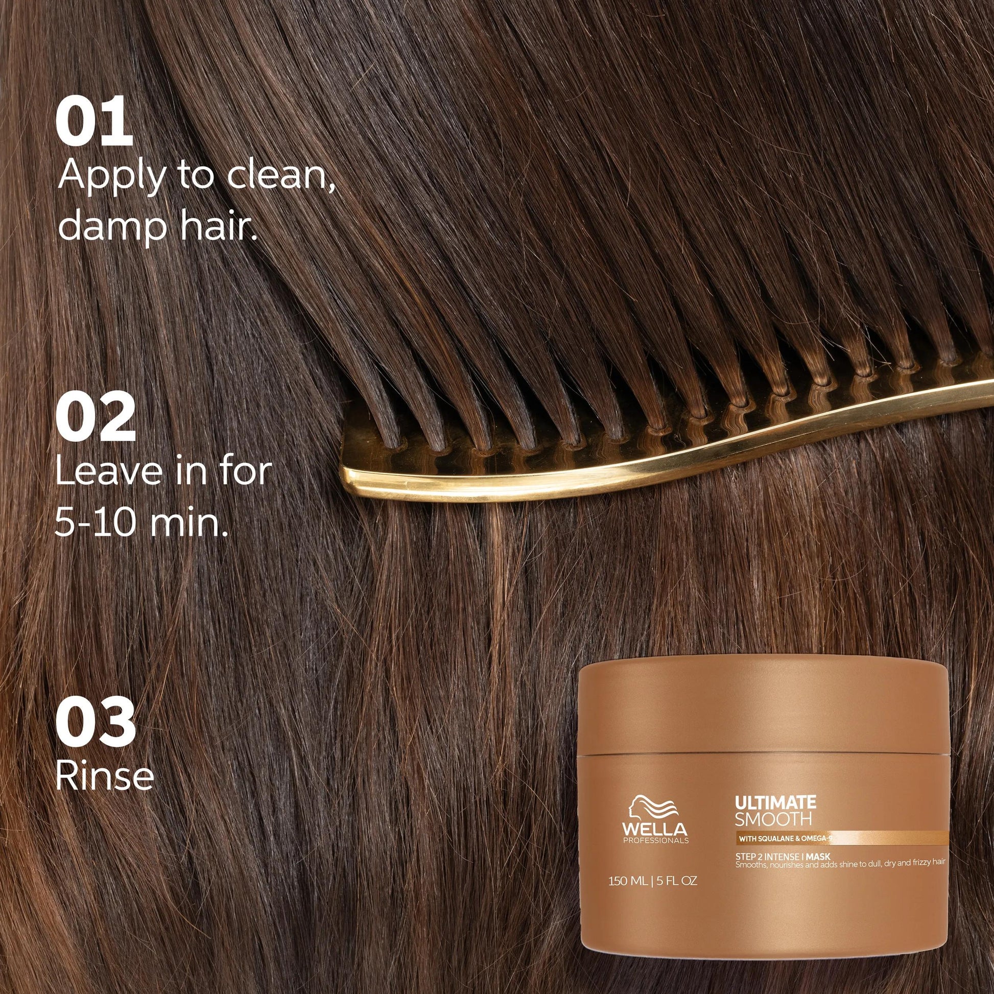 Wella Professionals Ultimate Smooth — Instructions on how to use Wella Professionals Ultimate Smooth Mask. Text reads apply to clean damp hair, leave in for 5-10 min, rinse.