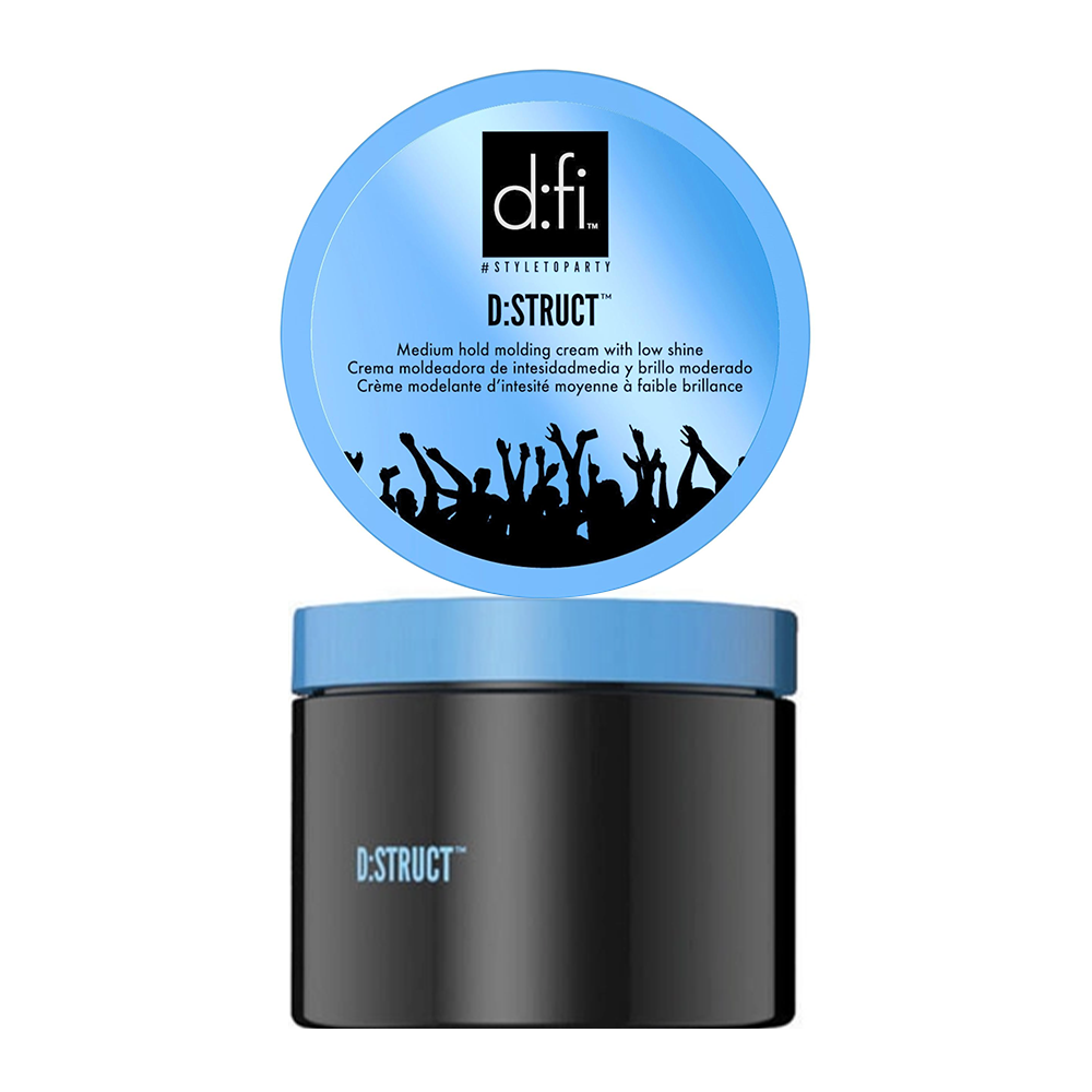 D:Fi D:Struct Molding Cream — black jar with blue lid shown above, lid reading D:Struct medium hold molding cream with low shine, on white